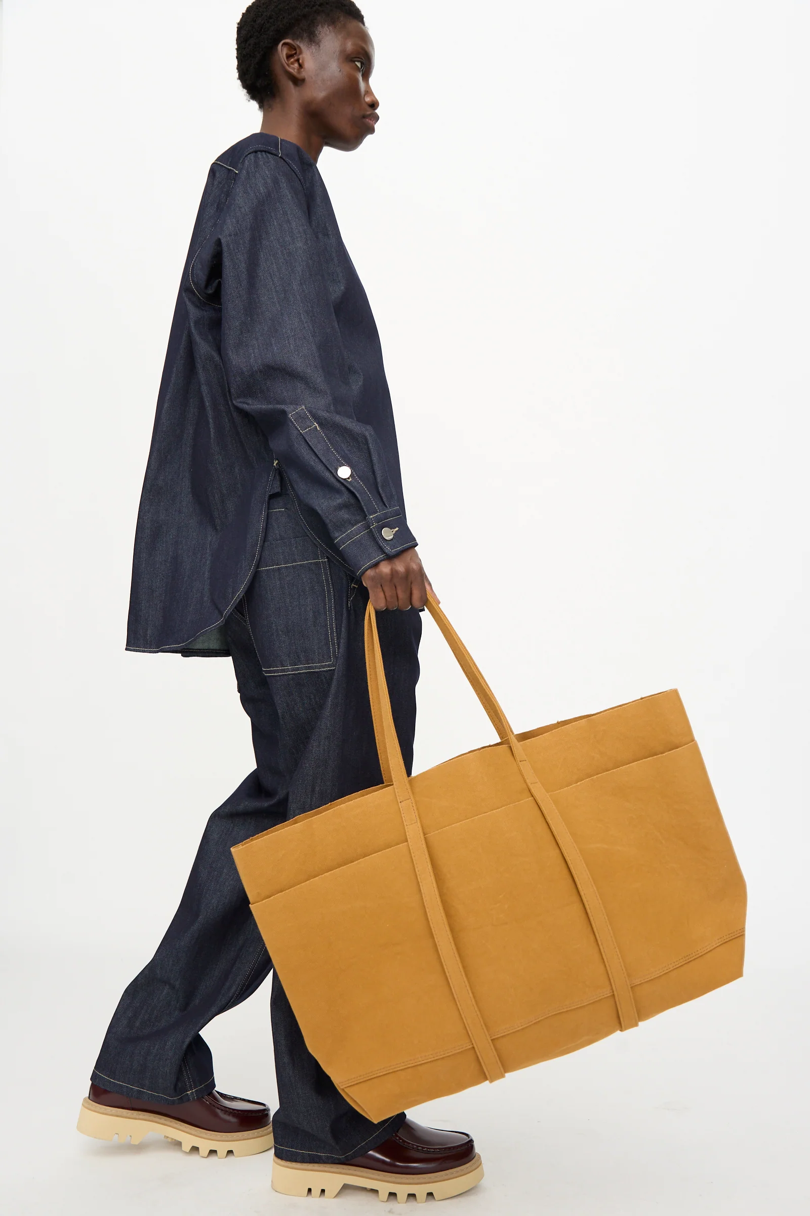 Washed Canvas 6 Pockets Large Tote in Mustard