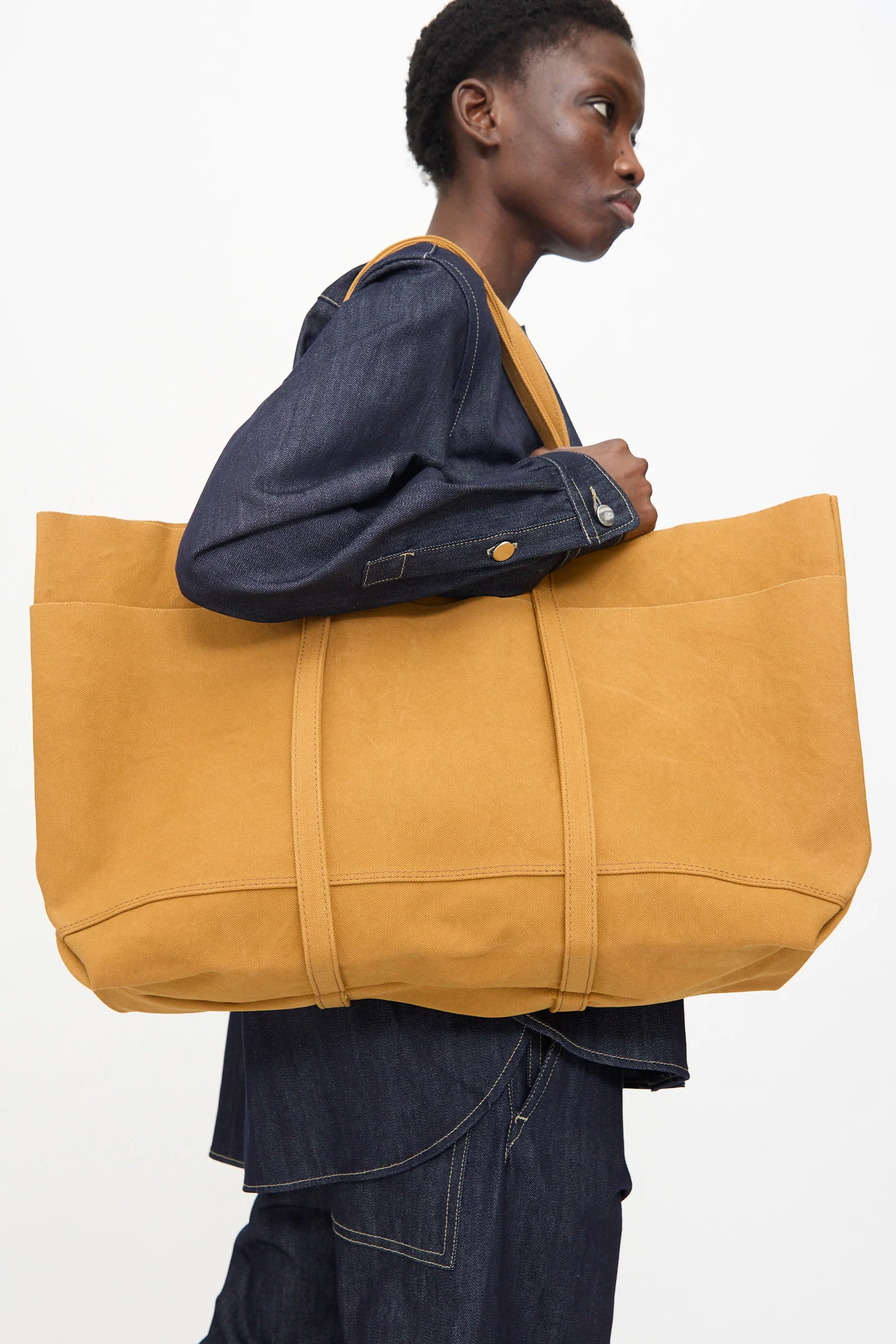 Washed Canvas 6 Pockets Large Tote in Mustard - Image 2