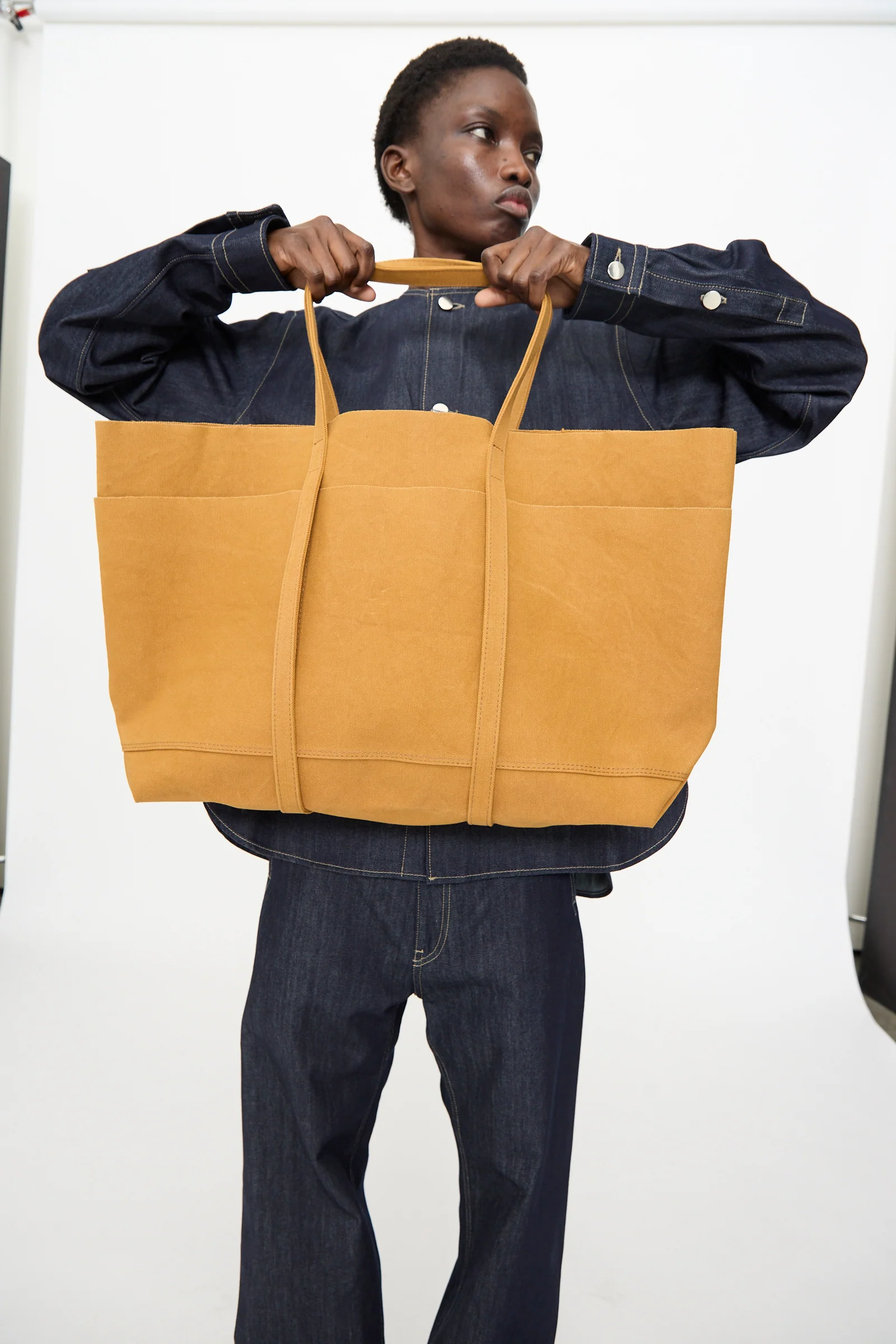 Washed Canvas 6 Pockets Large Tote in Mustard - Image 4