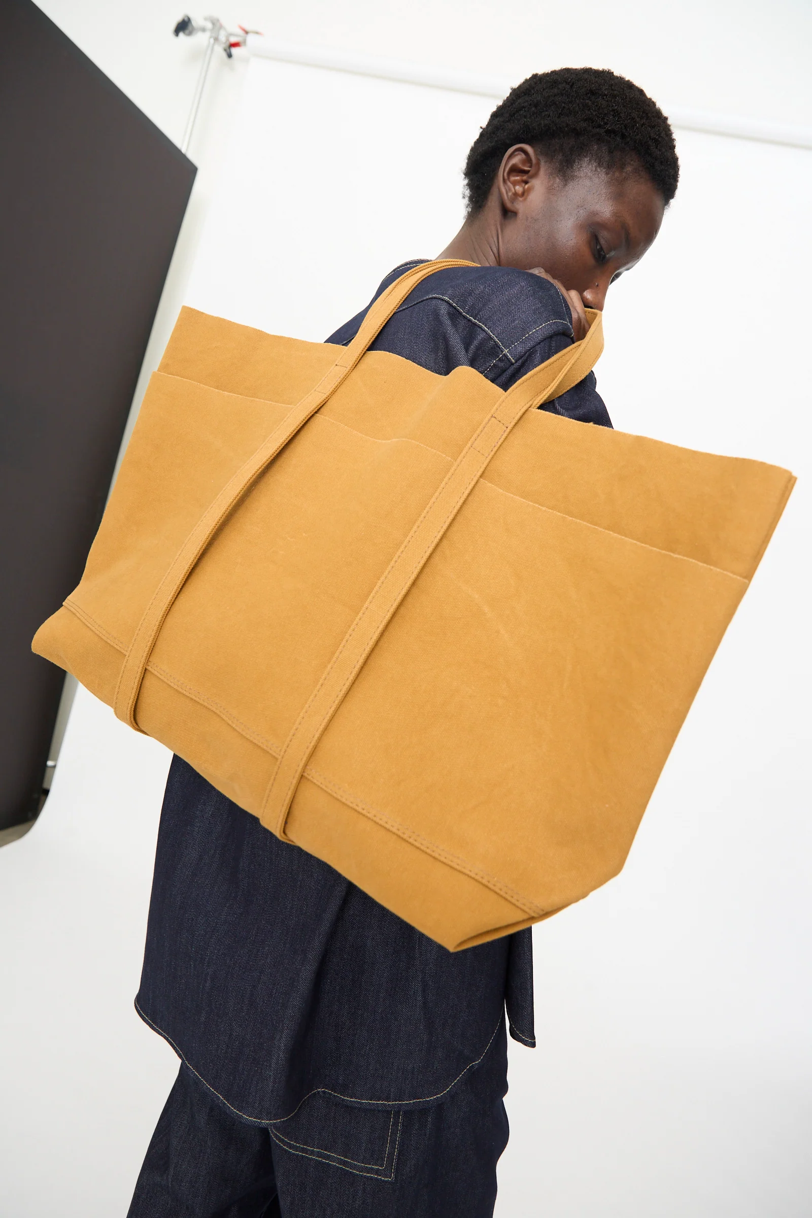 Washed Canvas 6 Pockets Large Tote in Mustard - Image 6