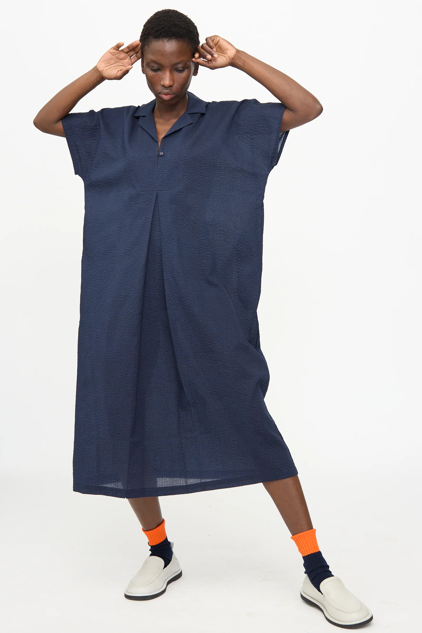 Kite Dress with Micro Wave Texture in Navy