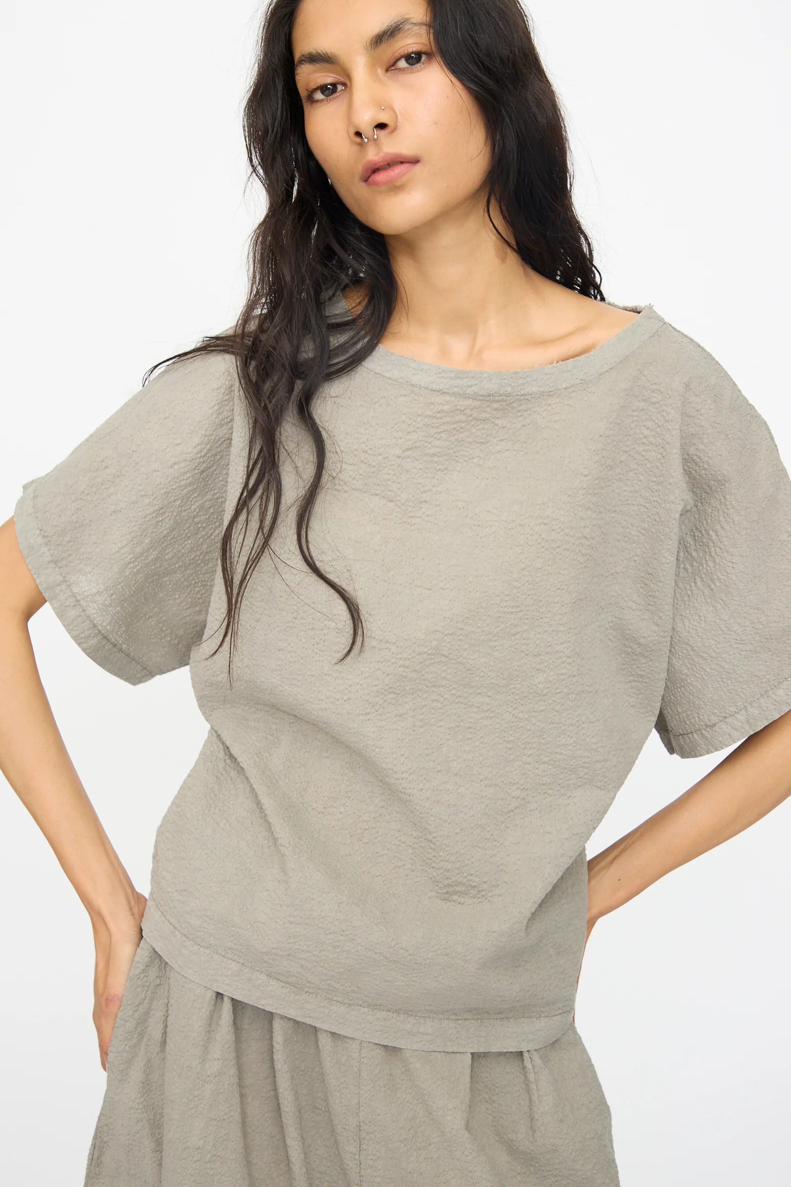 Textured Cotton Boxed Top in Pale Grey - Image 2