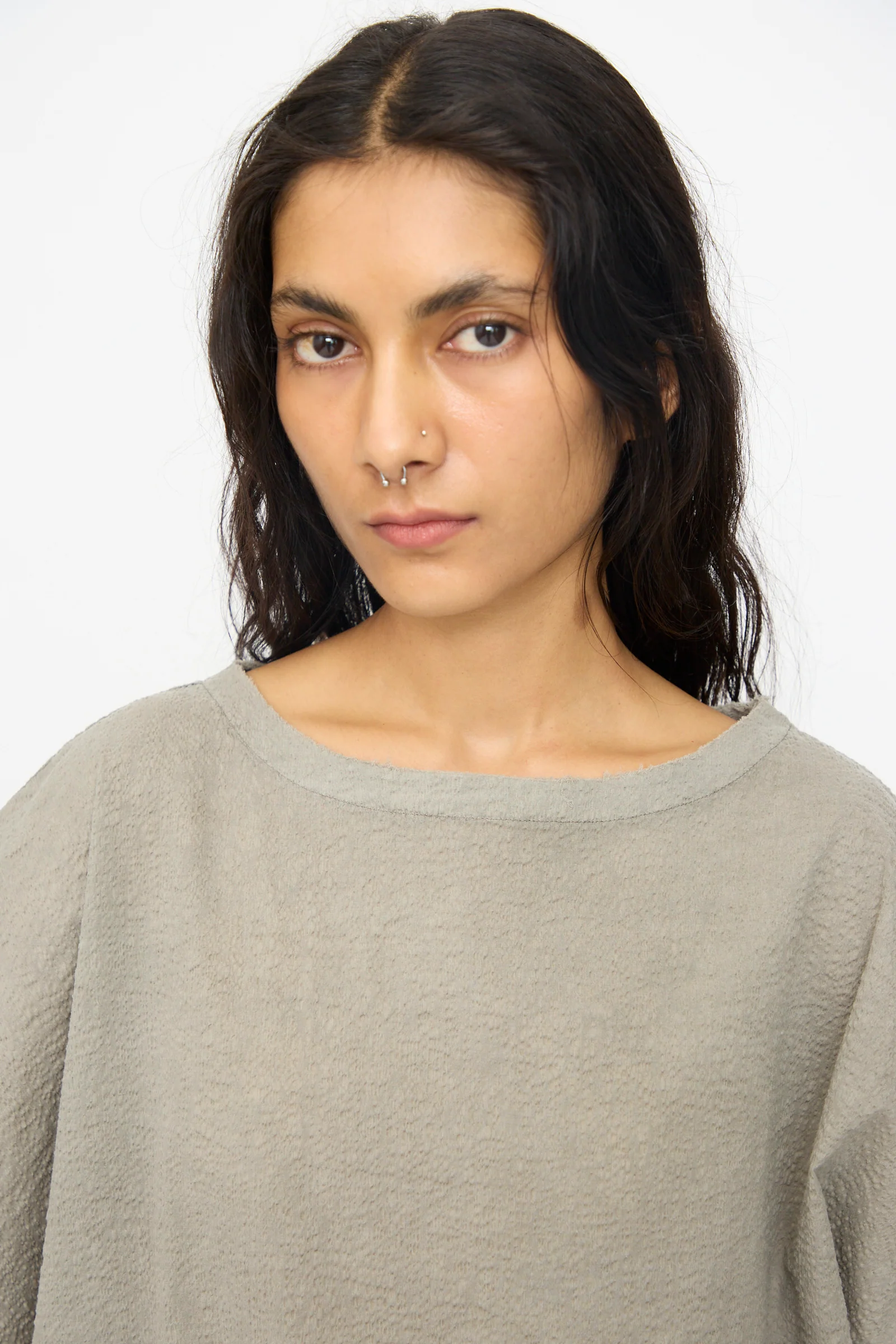 Textured Cotton Boxed Top in Pale Grey - Image 3