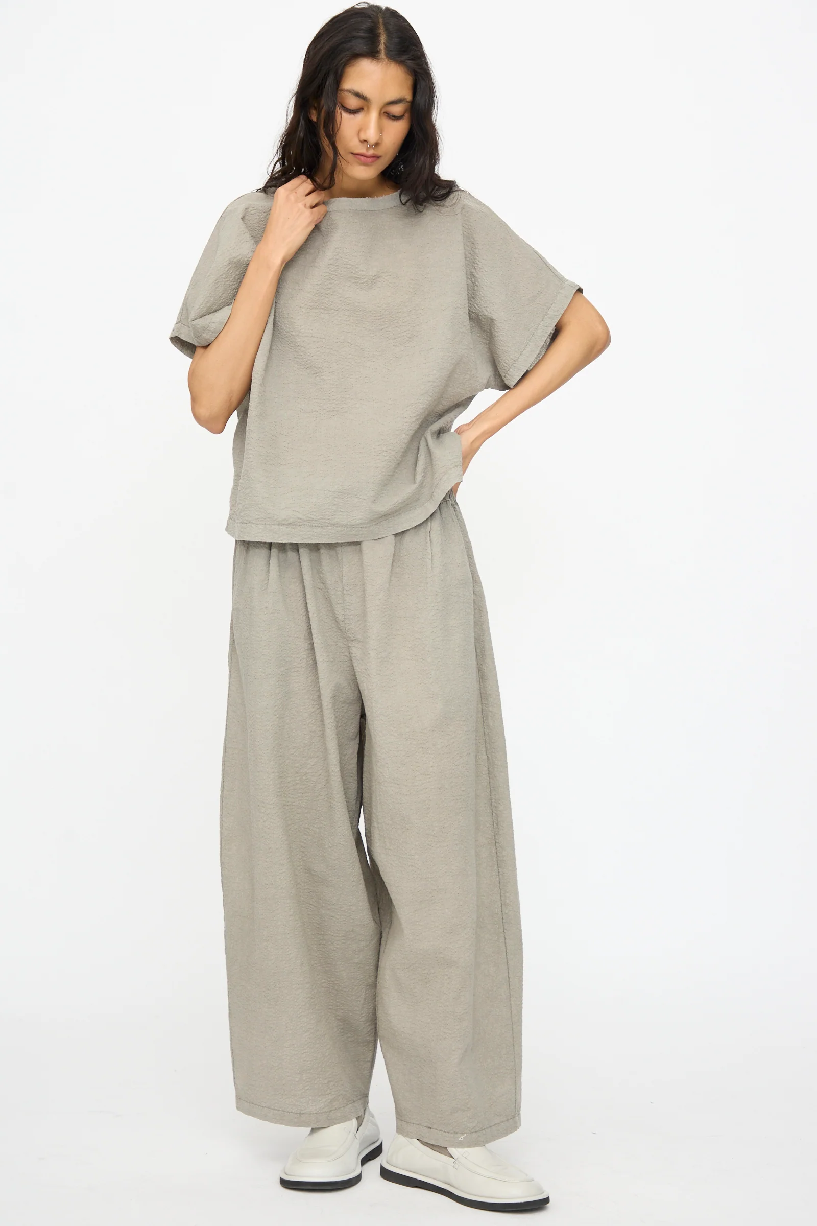 Textured Cotton Boxed Top in Pale Grey - Image 4