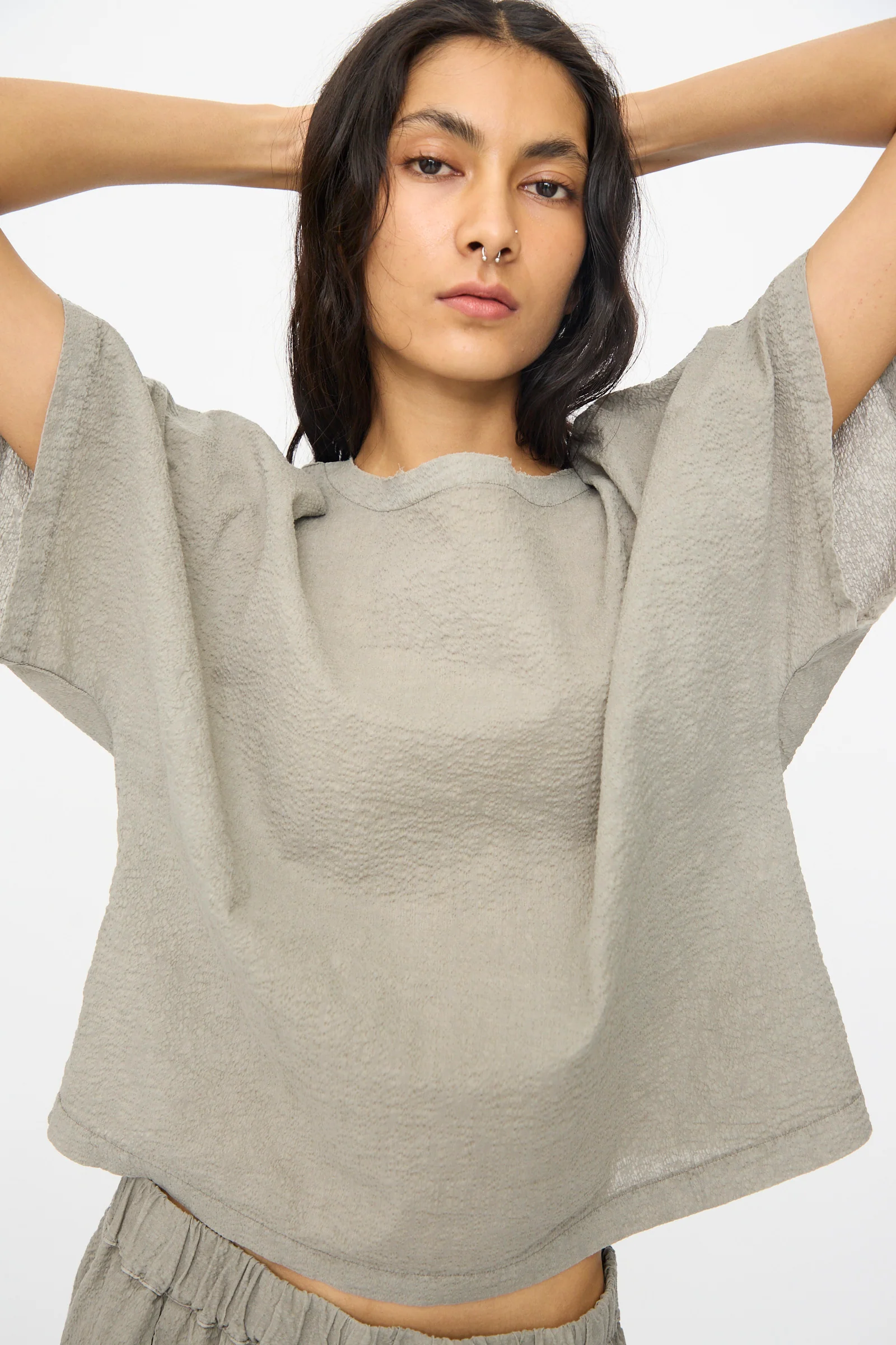 Textured Cotton Boxed Top in Pale Grey - Image 5