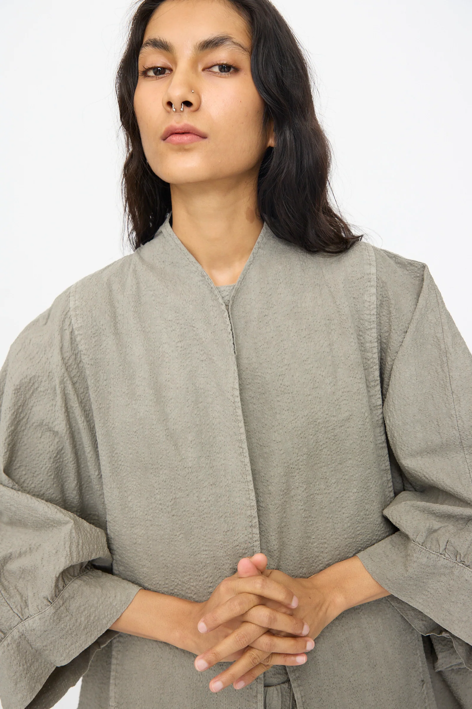 Textured Cotton Spoon Jacket in Pale Grey - Image 3