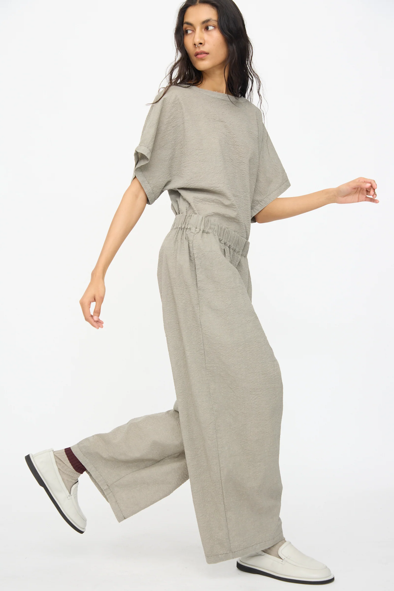 Textured Cotton Wide Pants in Pale Grey