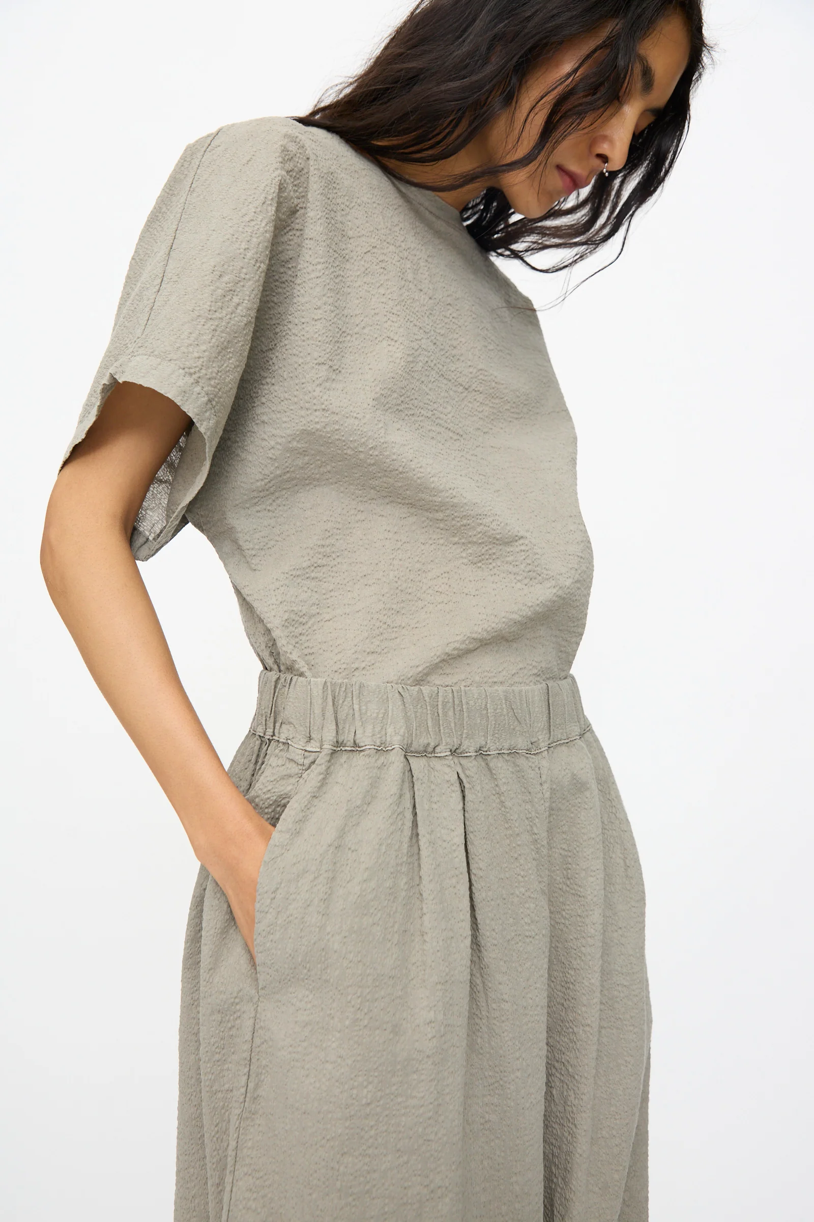 Textured Cotton Wide Pants in Pale Grey - Image 3