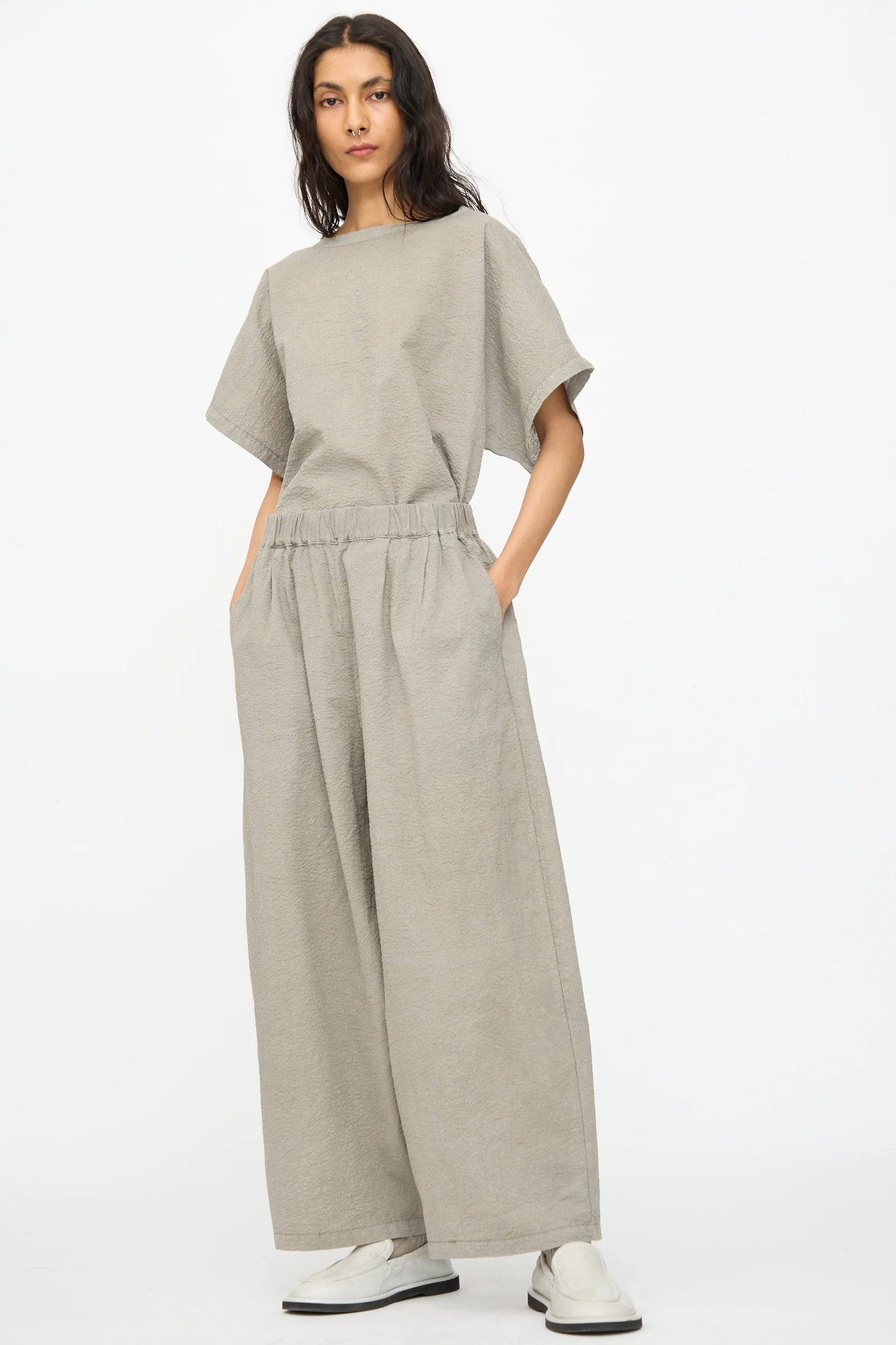 Textured Cotton Wide Pants in Pale Grey - Image 4