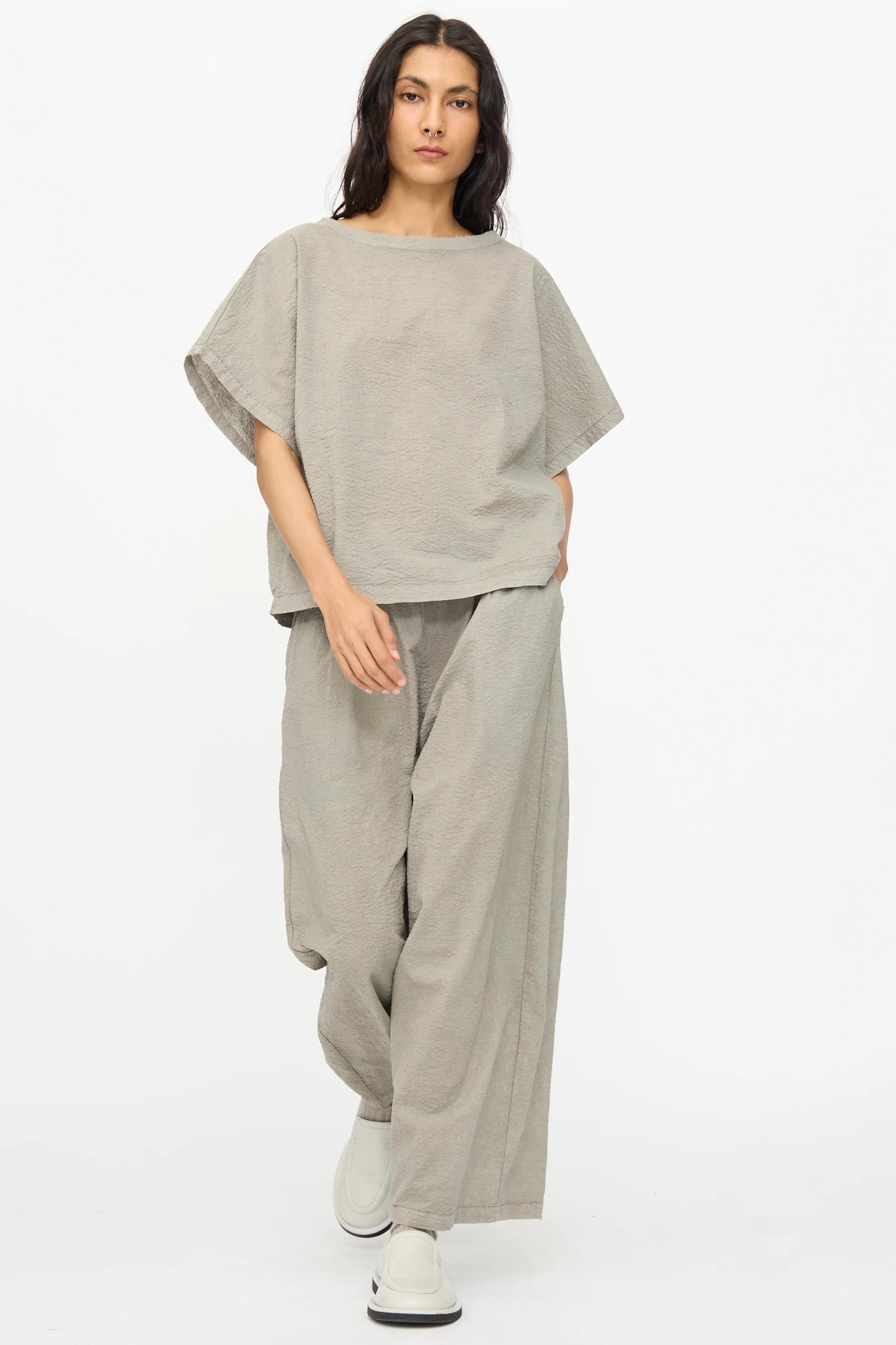 Textured Cotton Wide Pants in Pale Grey - Image 5