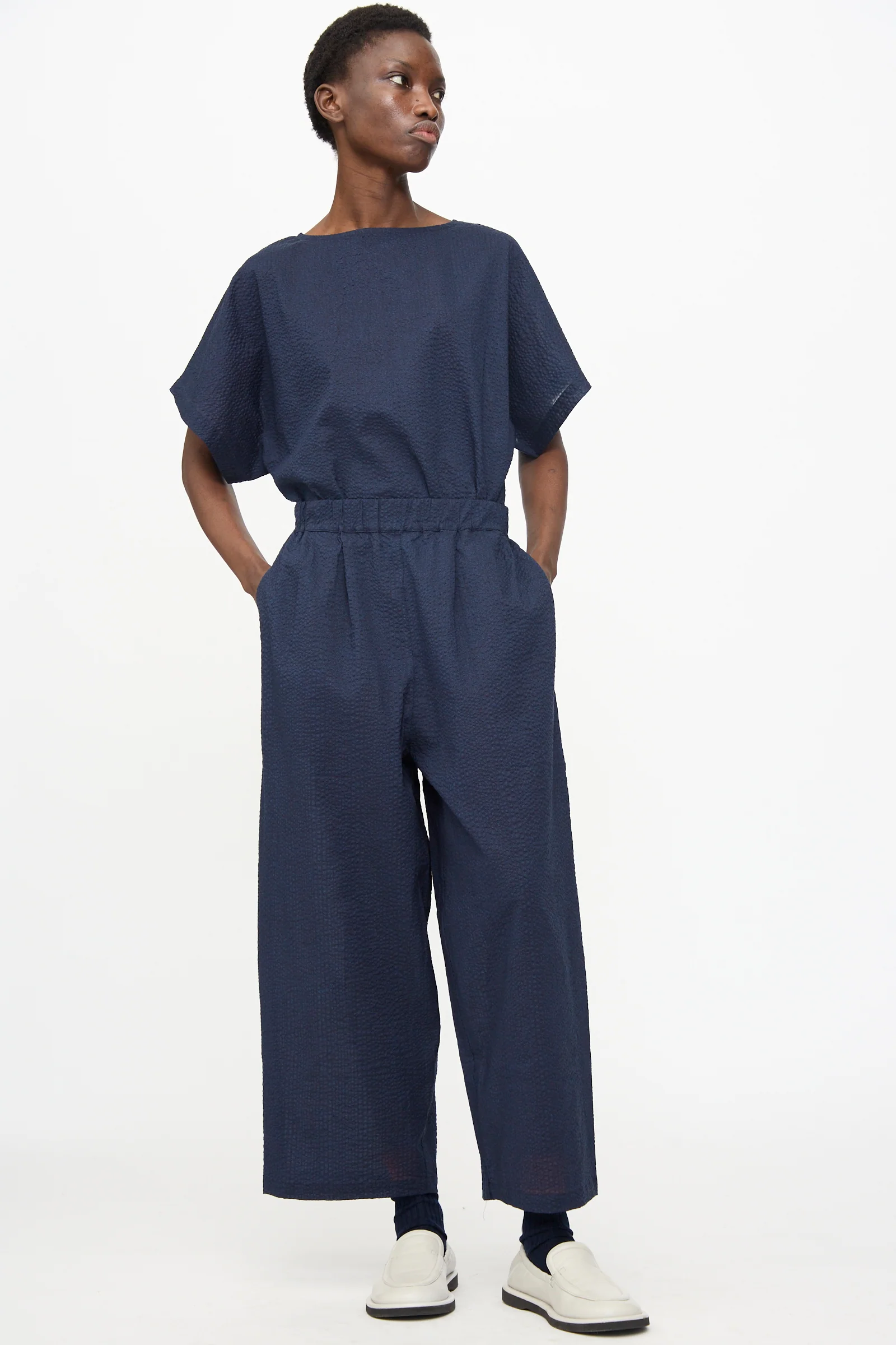 Wide Pants with Micro Wave Texture in Navy