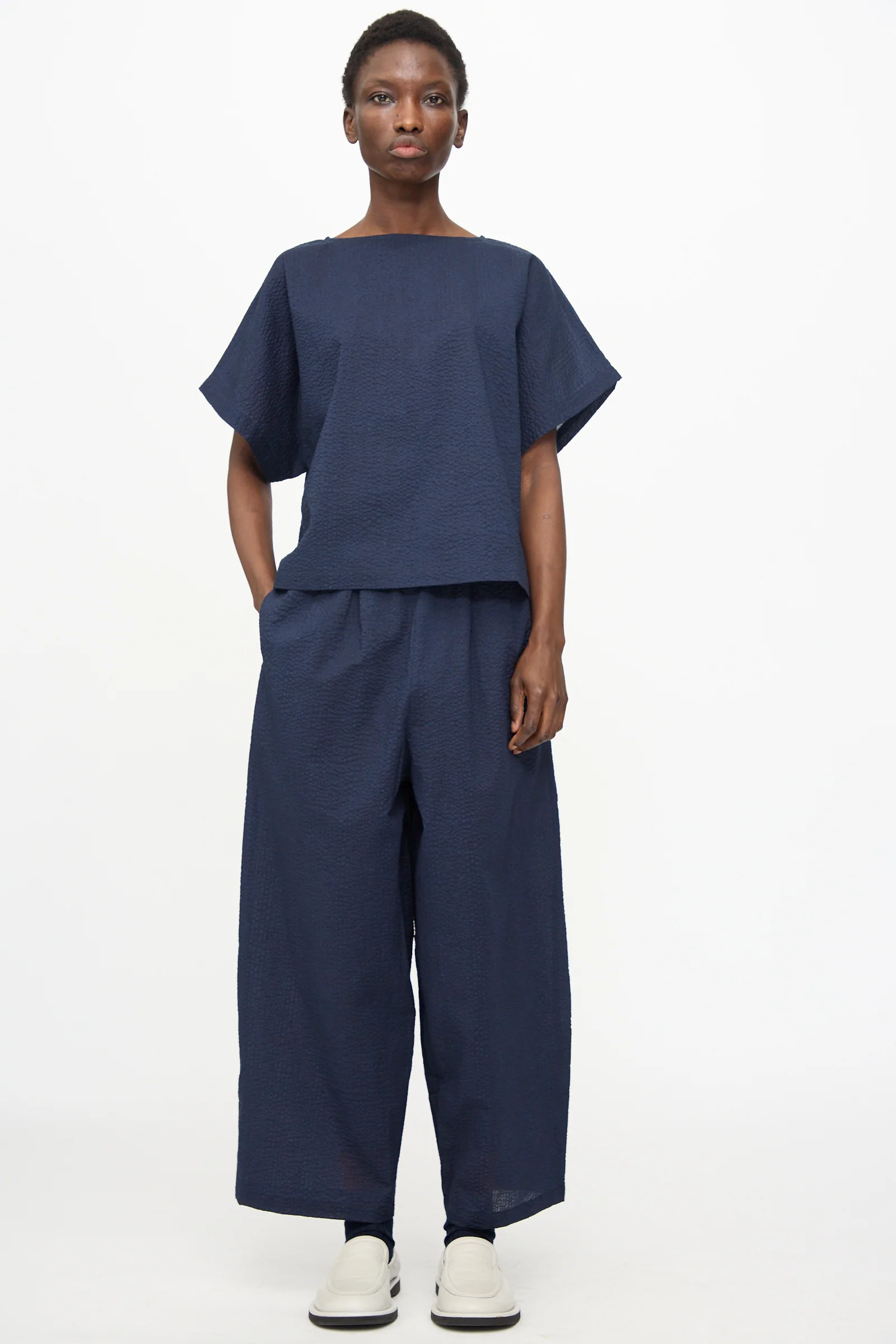 Wide Pants with Micro Wave Texture in Navy - Image 2