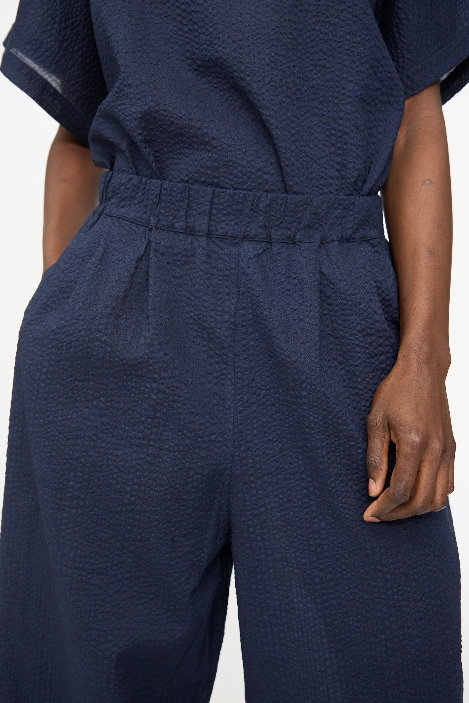 Wide Pants with Micro Wave Texture in Navy - Image 3