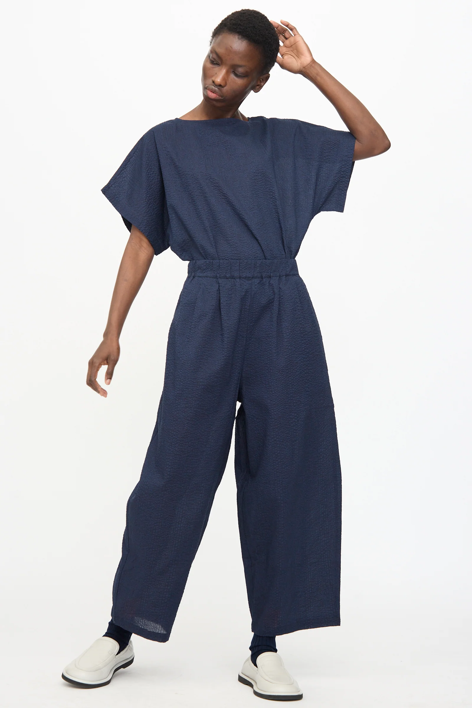 Wide Pants with Micro Wave Texture in Navy - Image 4