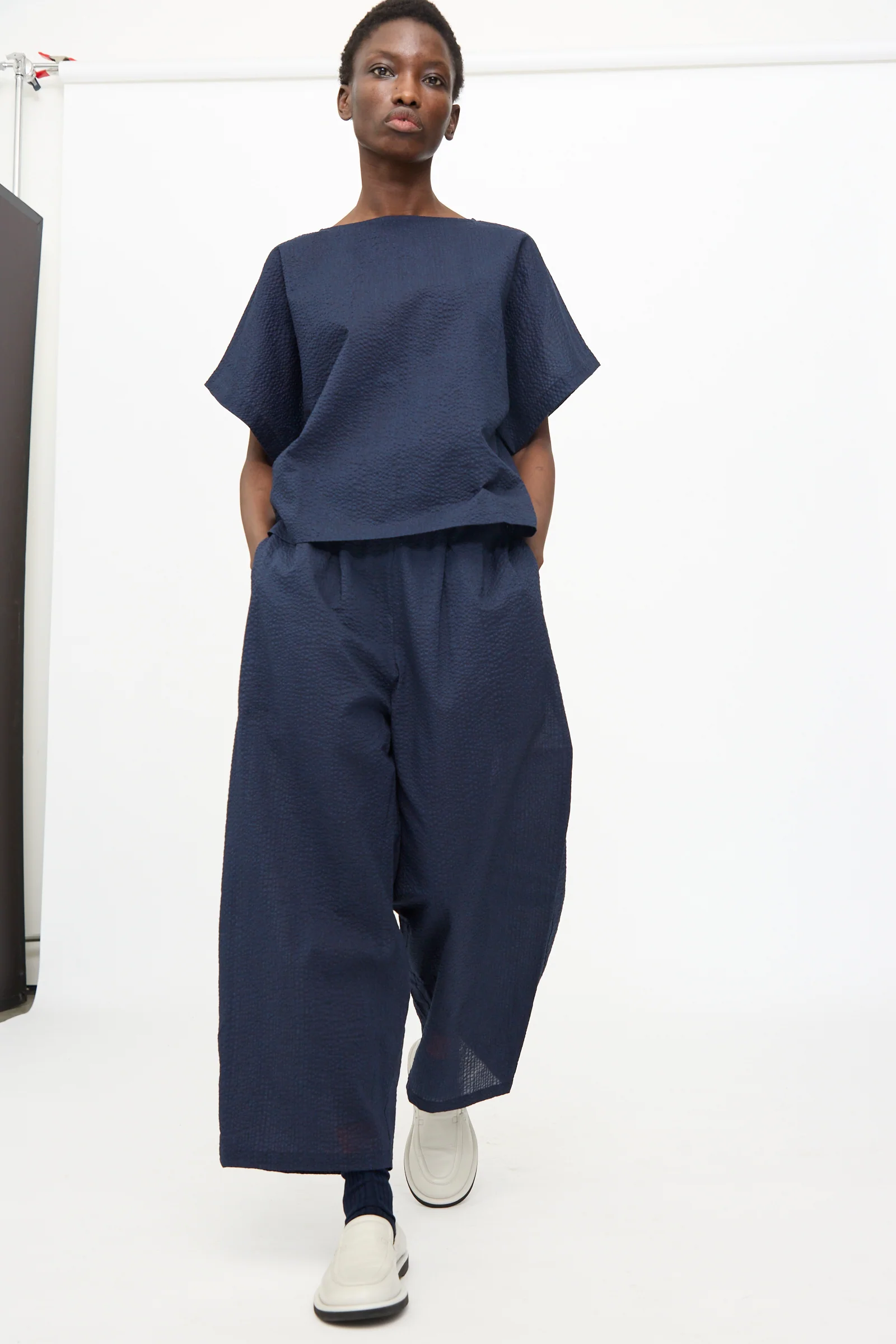 Wide Pants with Micro Wave Texture in Navy - Image 5