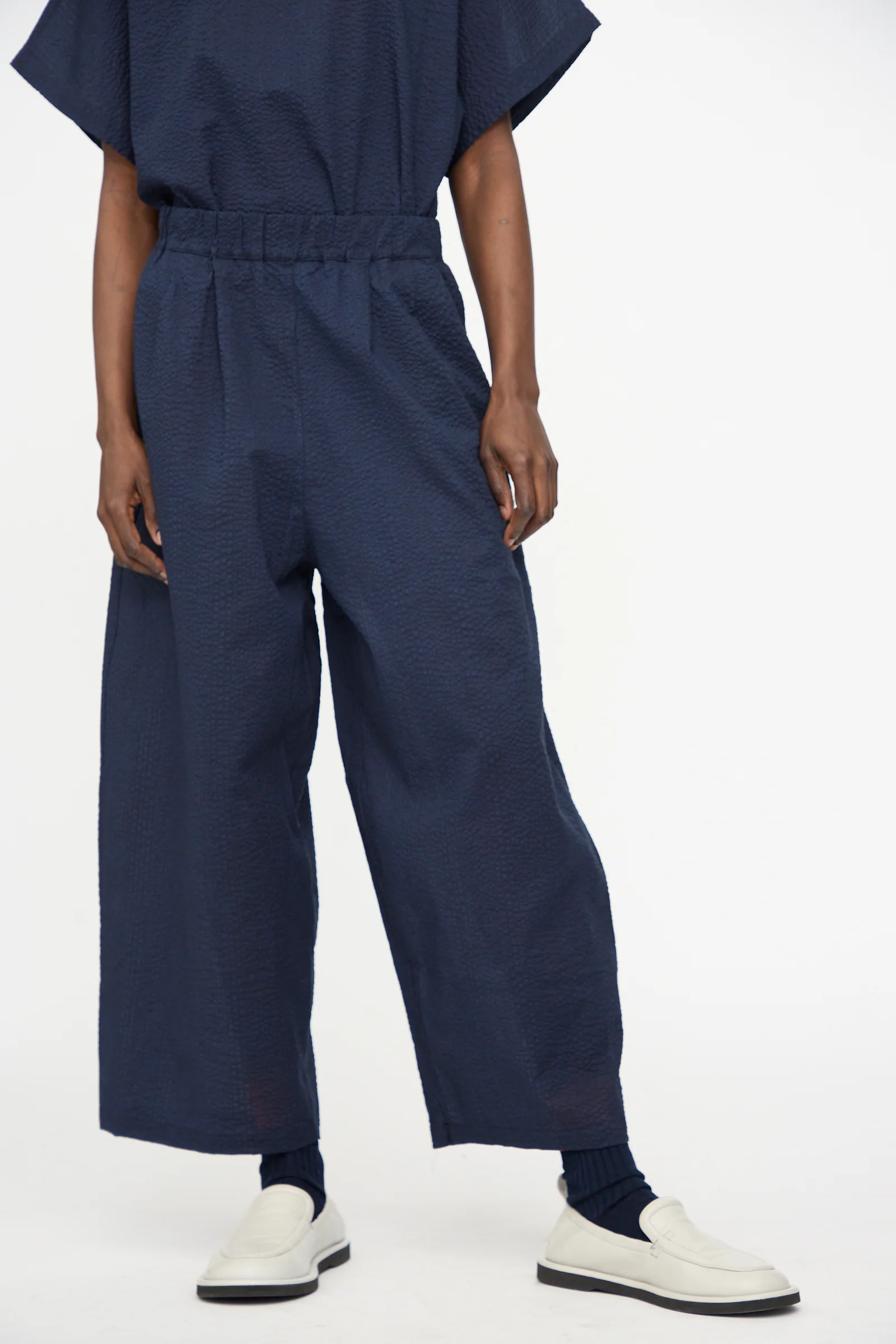 Wide Pants with Micro Wave Texture in Navy - Image 6