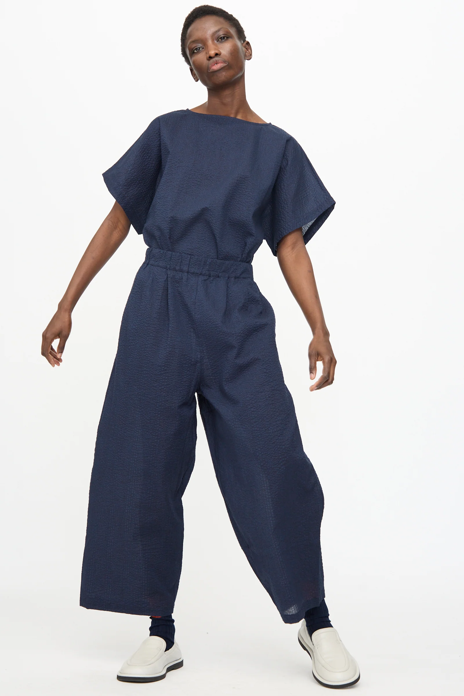 Wide Pants with Micro Wave Texture in Navy - Image 7