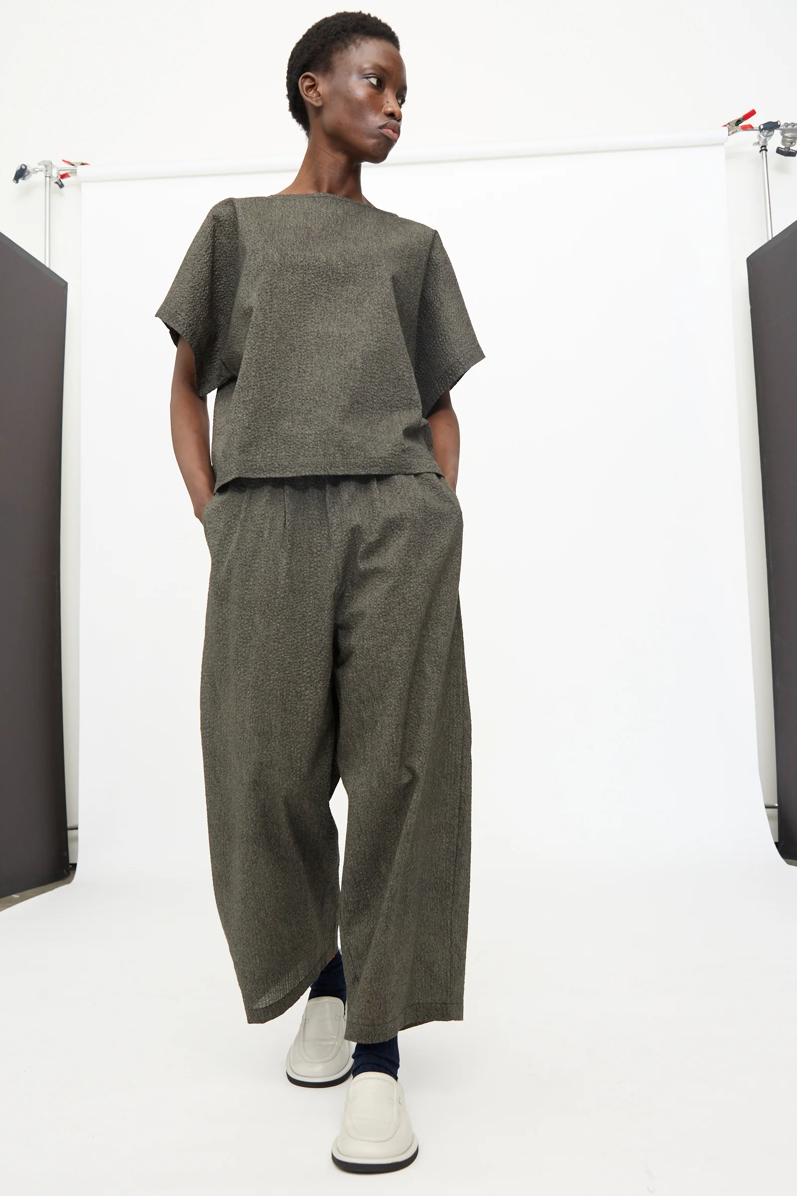 Wide Pants with Micro Wave Texture in Steel