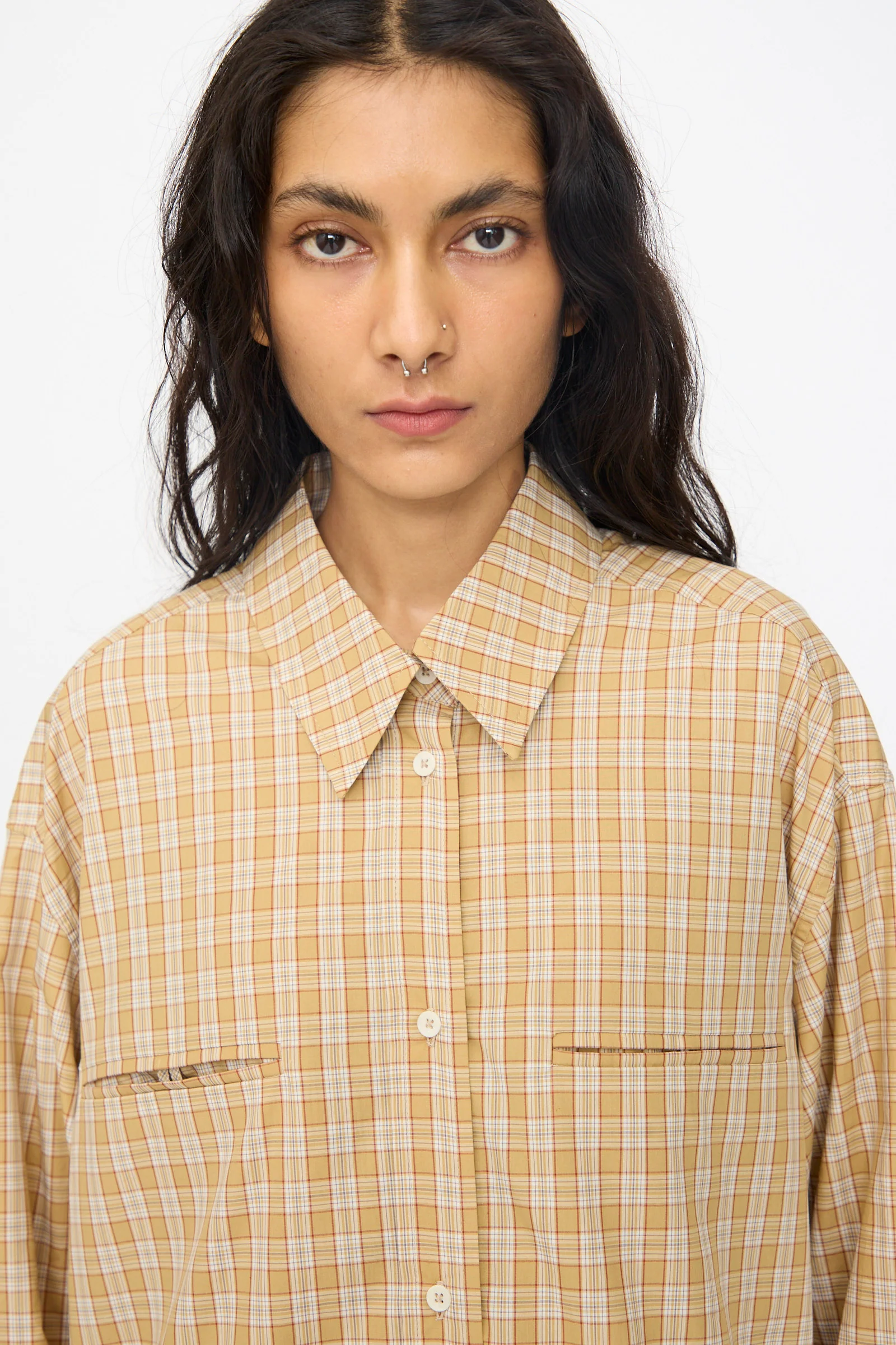 Checked Cotton Phoebe Shirt in Ochre, Red and Purple Check - Image 3