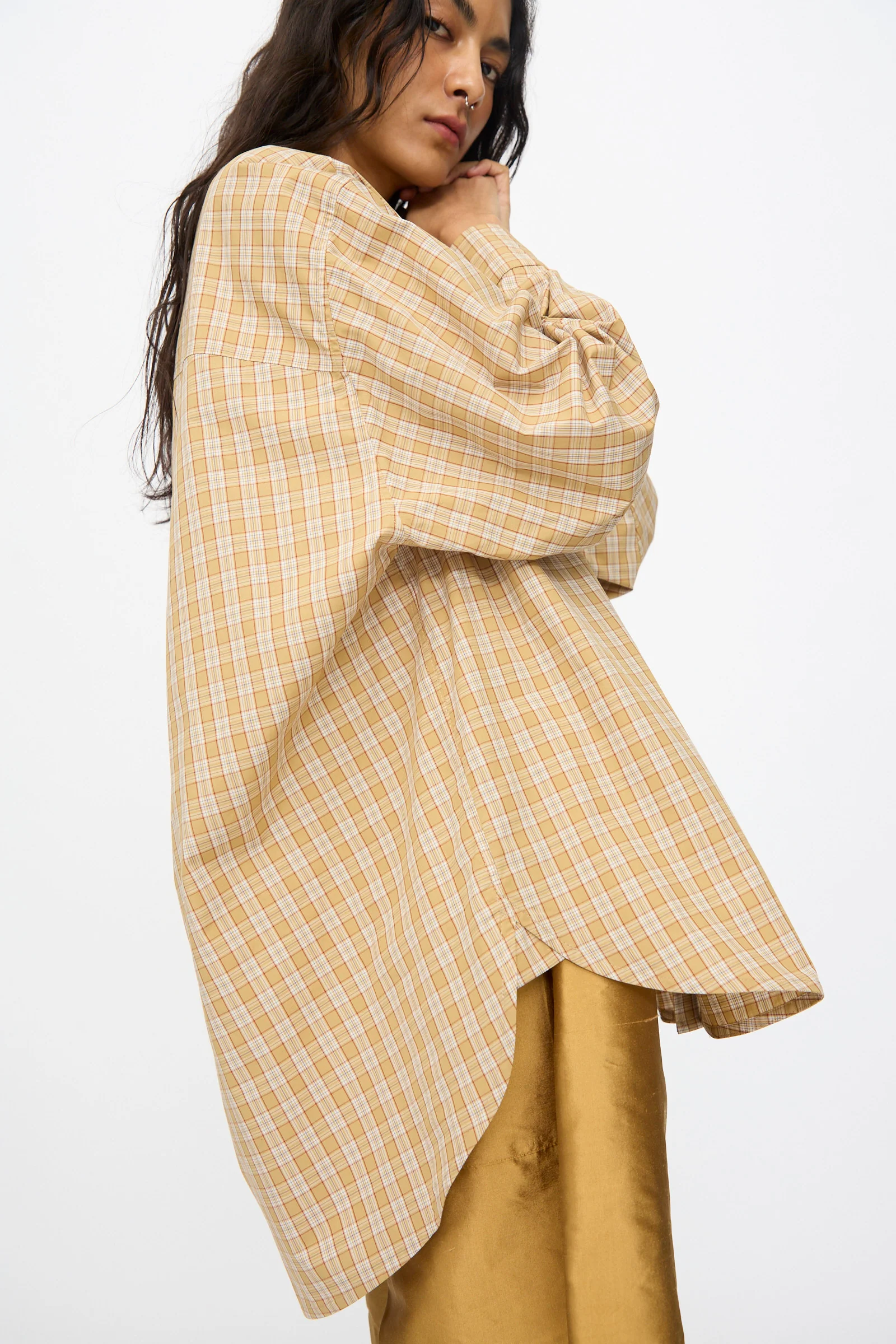 Checked Cotton Phoebe Shirt in Ochre, Red and Purple Check - Image 4