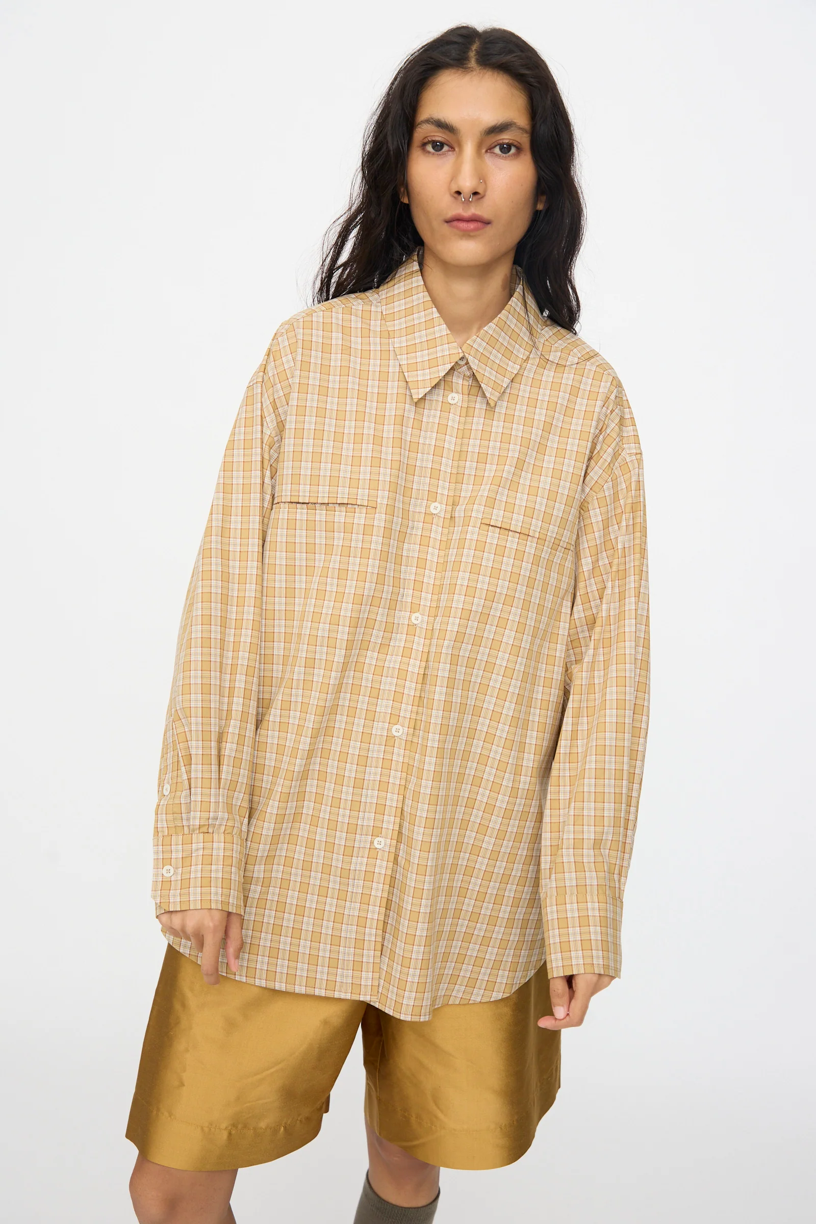 Checked Cotton Phoebe Shirt in Ochre, Red and Purple Check - Image 5