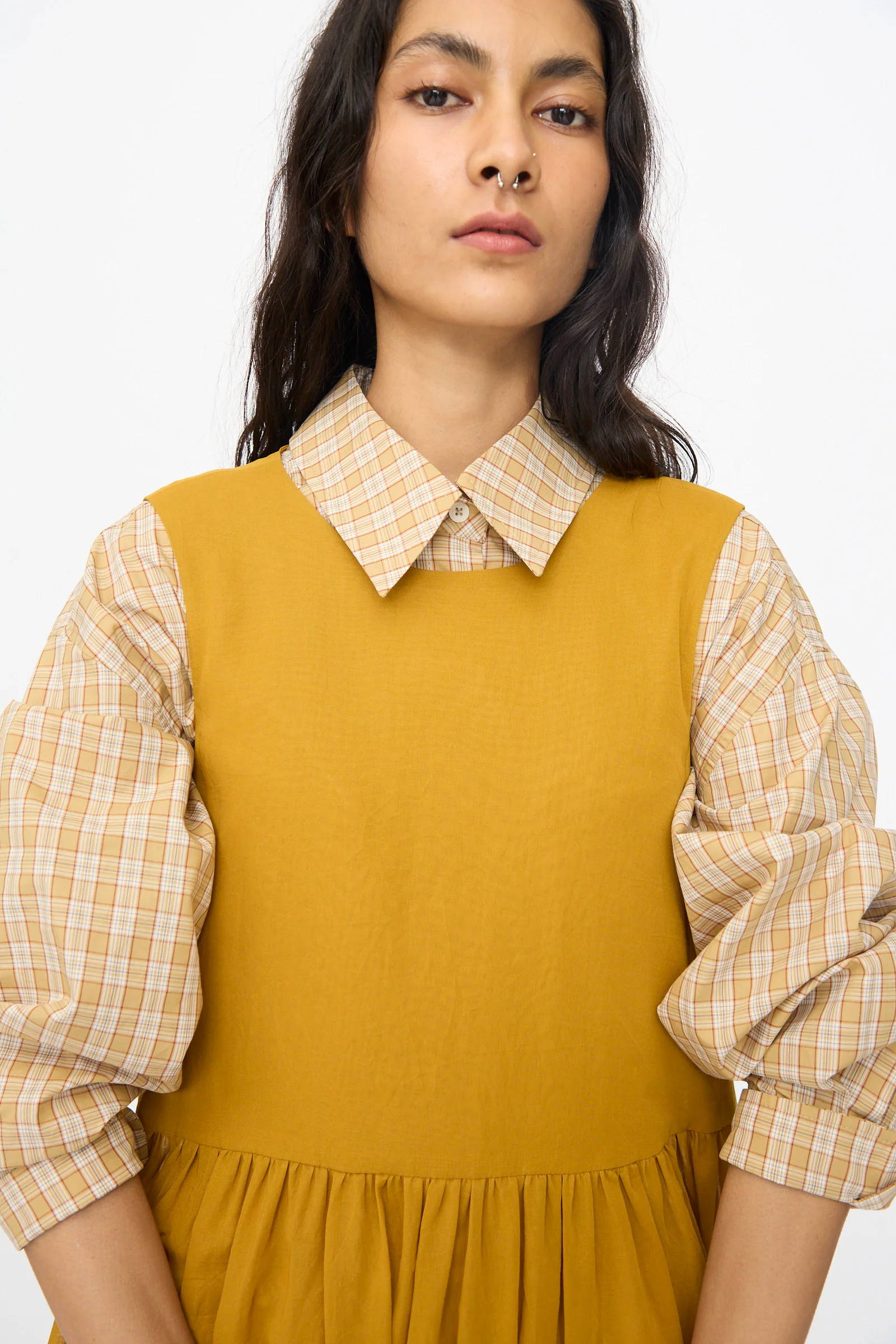 Japanese Cotton Dyed Voile Genevieve Dress in Mustard - Image 3