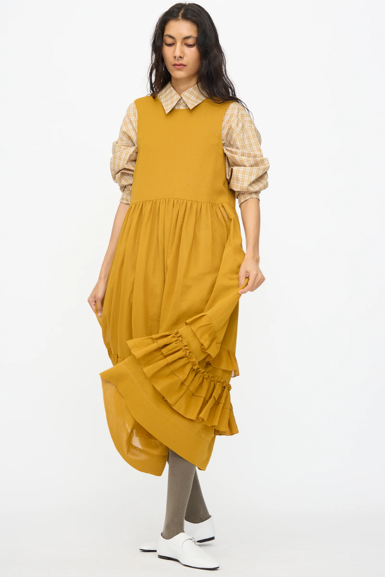 Japanese Cotton Dyed Voile Genevieve Dress in Mustard - Image 4