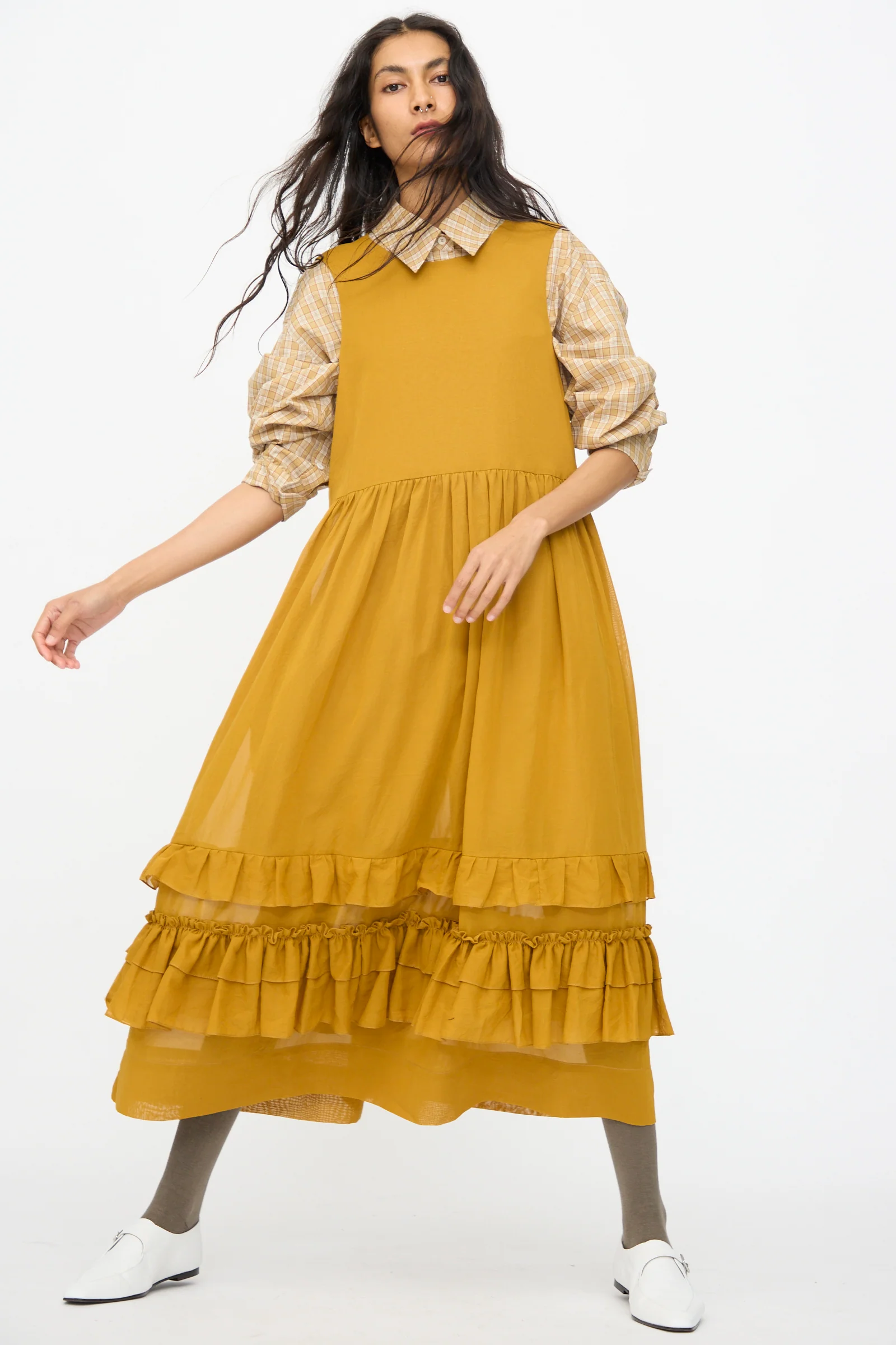 Japanese Cotton Dyed Voile Genevieve Dress in Mustard - Image 6