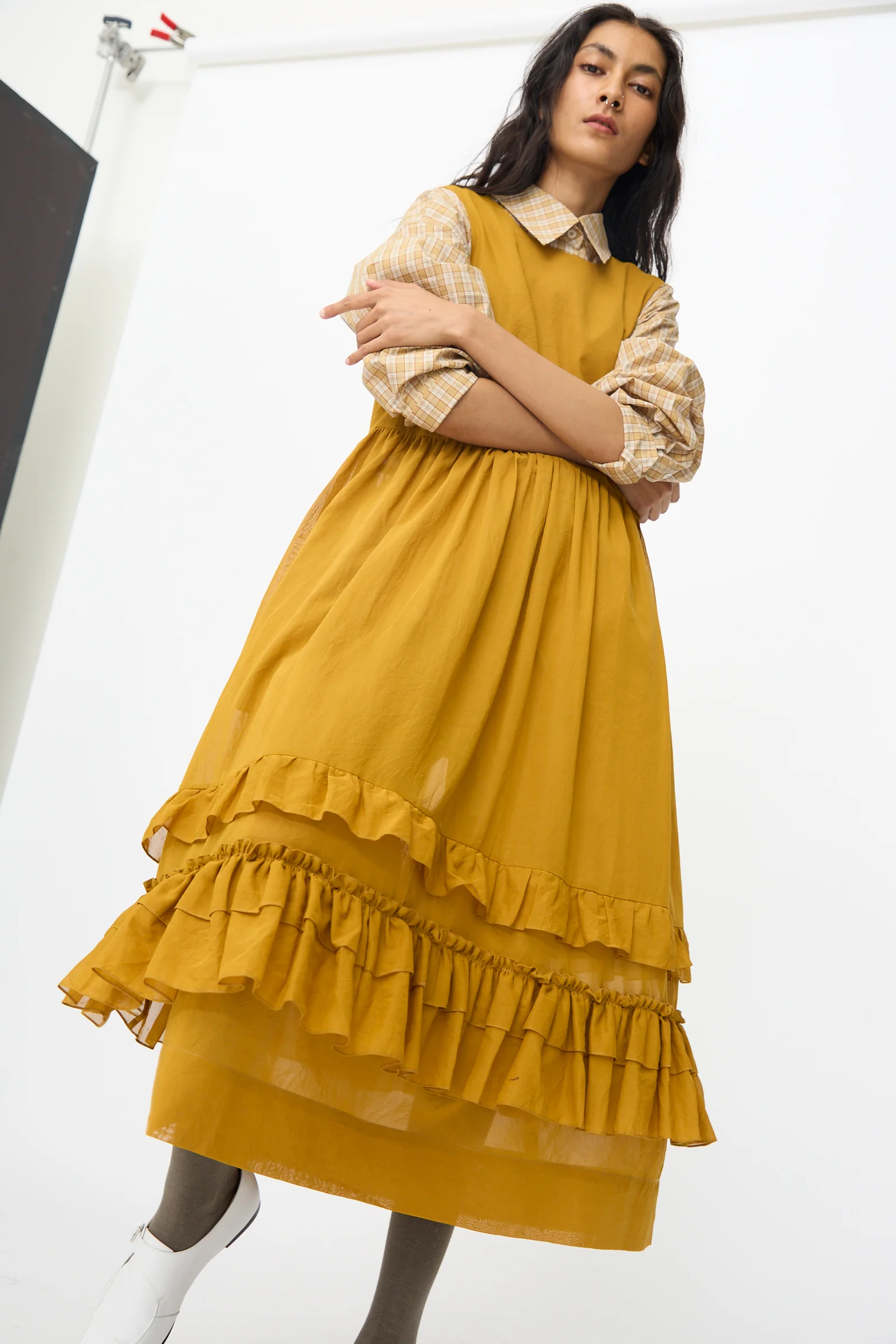 Japanese Cotton Dyed Voile Genevieve Dress in Mustard - Image 7