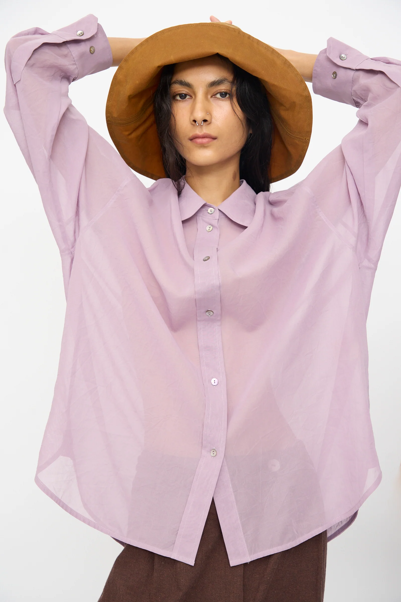 Japanese Cotton Dyed Voile Phoebe Shirt in Purple - Image 4