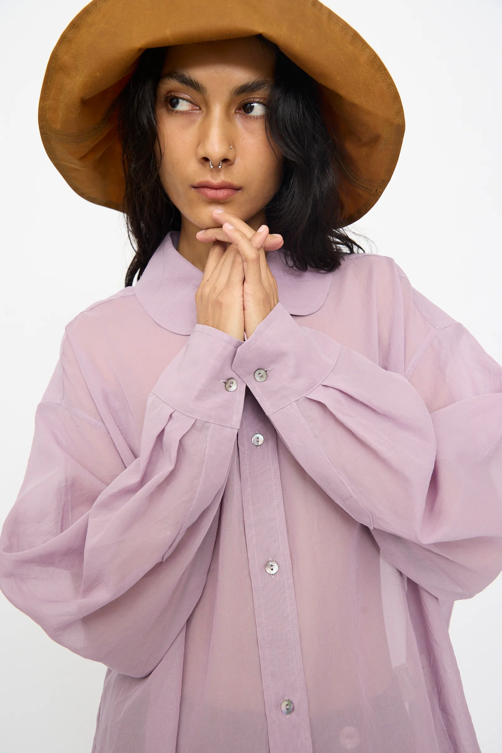 Japanese Cotton Dyed Voile Phoebe Shirt in Purple - Image 5