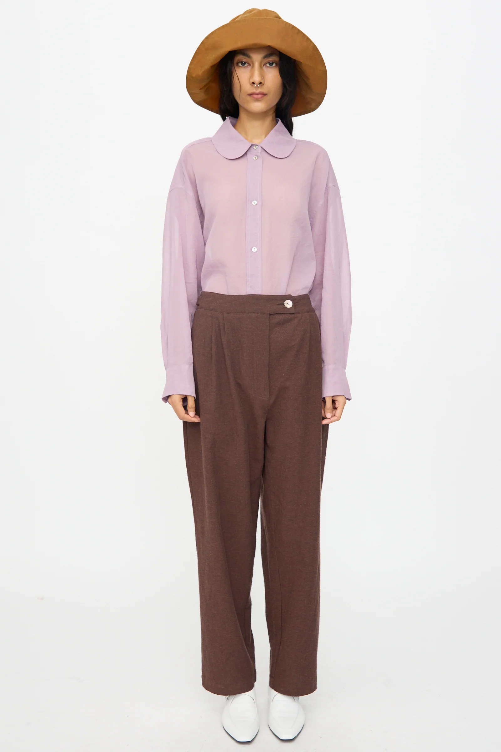 Japanese High Twisted Poplin Enya Trouser in Fog Purple - Image 4