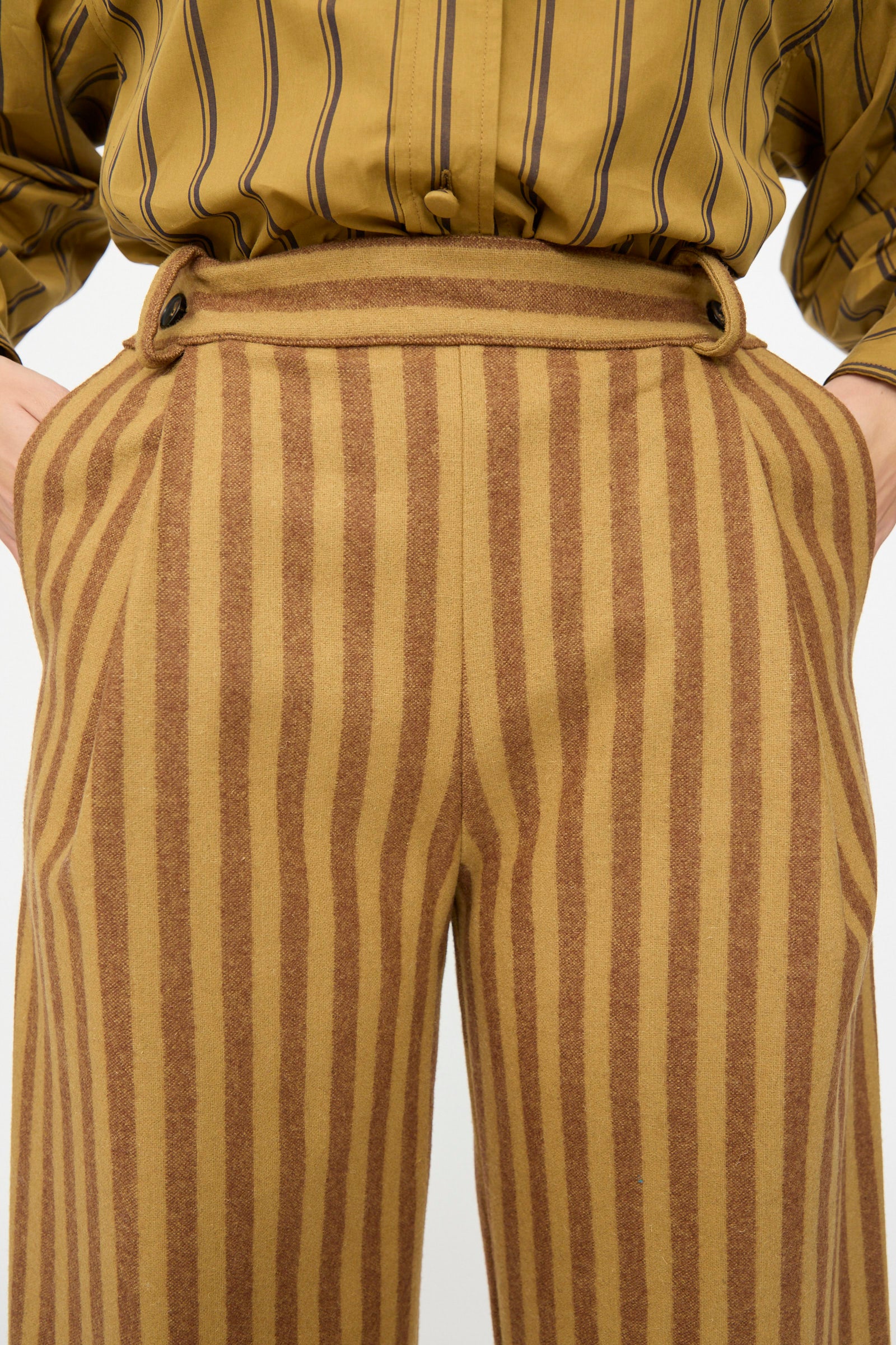 Portuguese Striped Wool Georgia Trouser in Goldfinch and Bordeaux - Image 3
