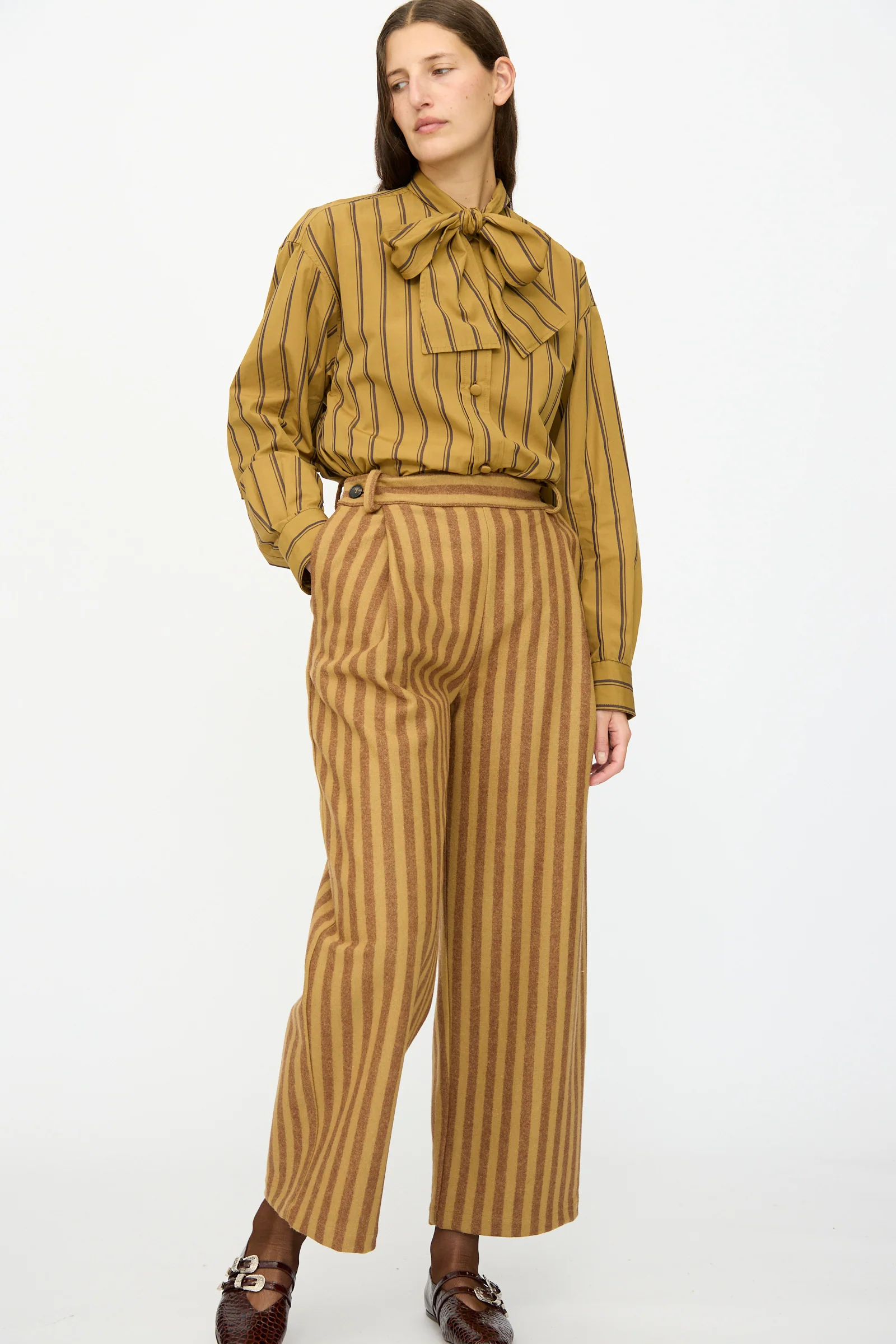 Portuguese Striped Wool Georgia Trouser in Goldfinch and Bordeaux - Image 4