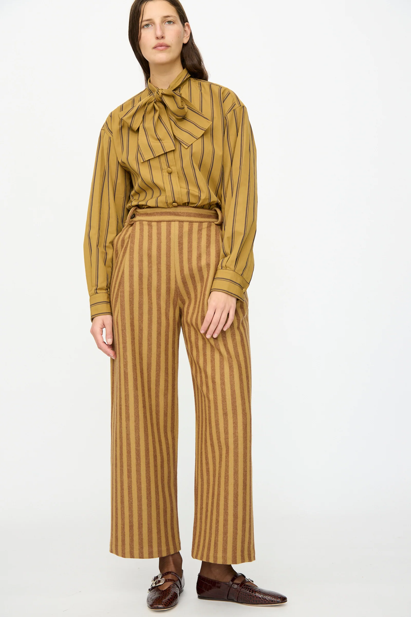 Portuguese Striped Wool Georgia Trouser in Goldfinch and Bordeaux - Image 5