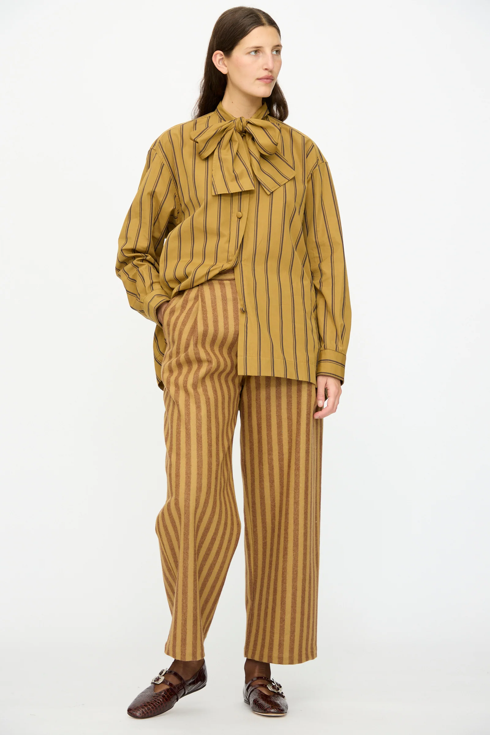Portuguese Striped Wool Georgia Trouser in Goldfinch and Bordeaux - Image 6