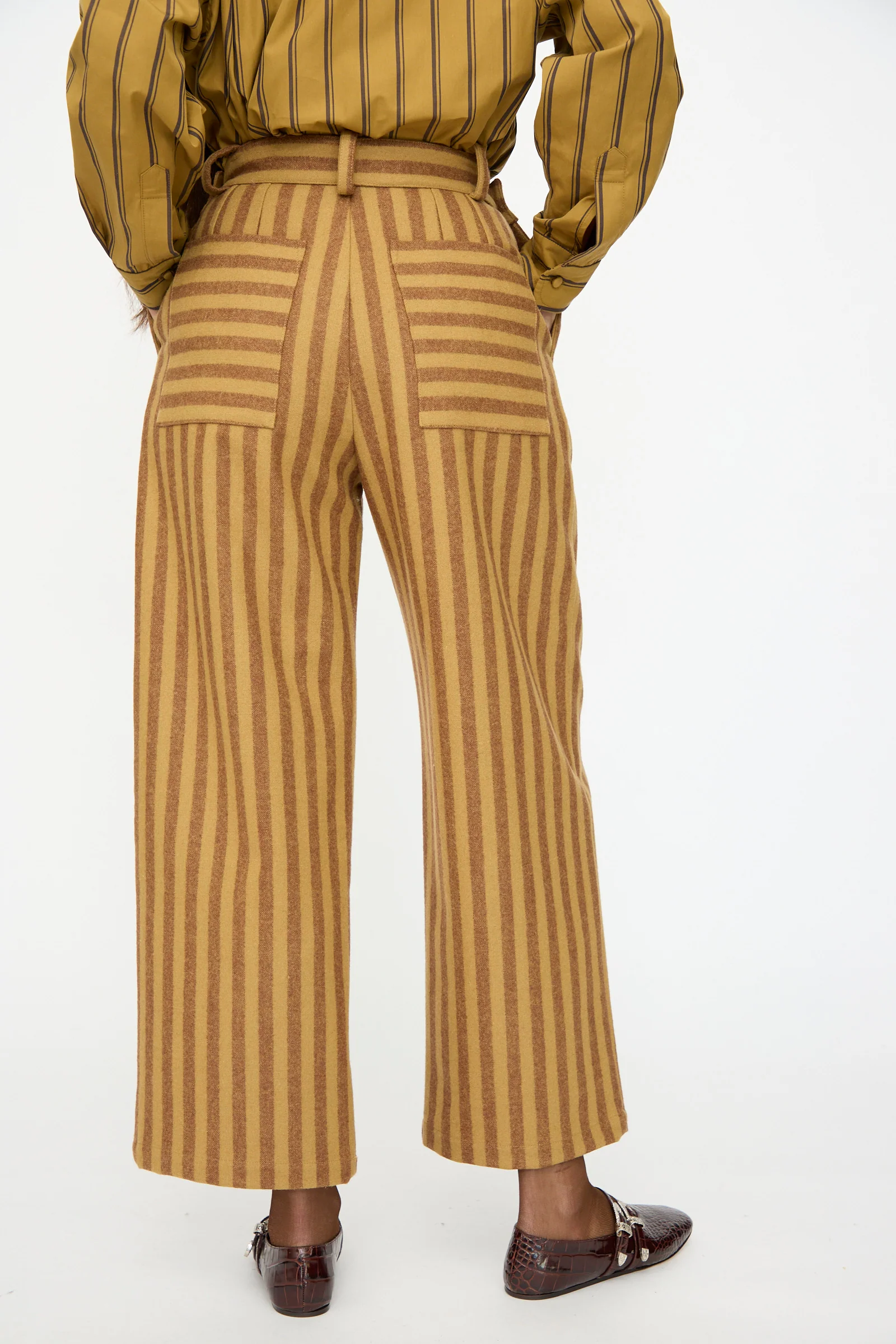 Portuguese Striped Wool Georgia Trouser in Goldfinch and Bordeaux - Image 7