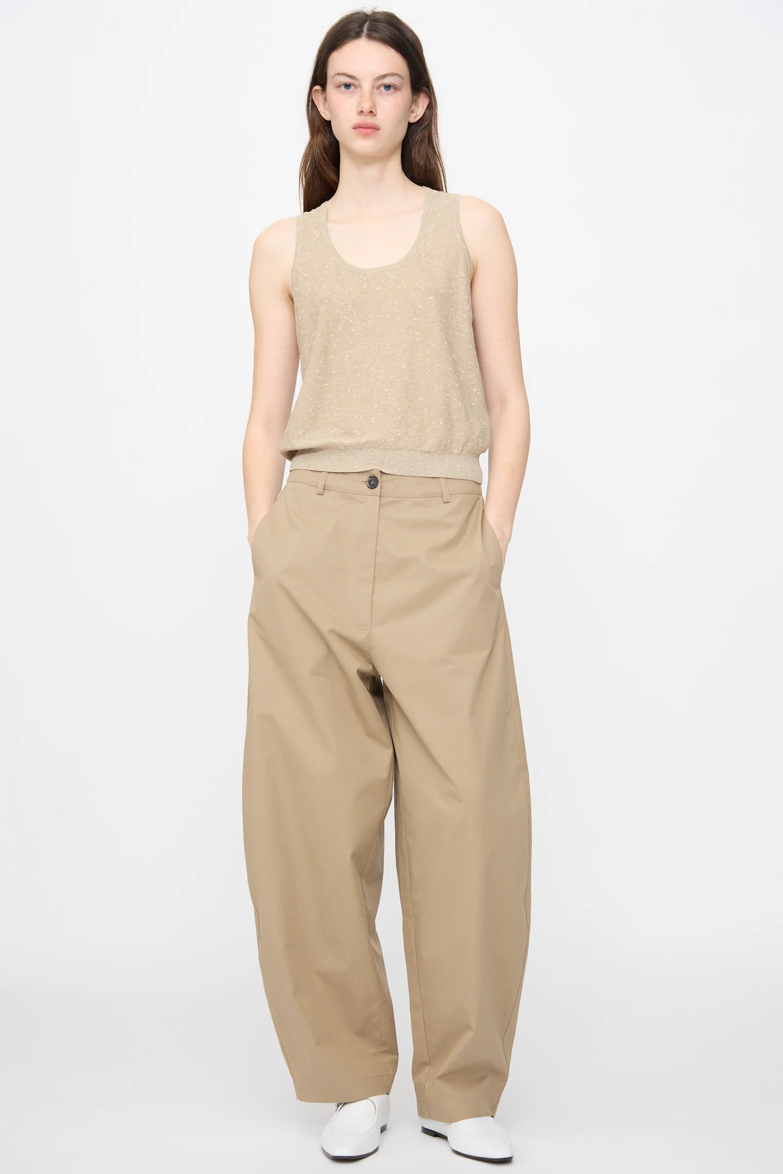 Cotton Curved Pants in Camel