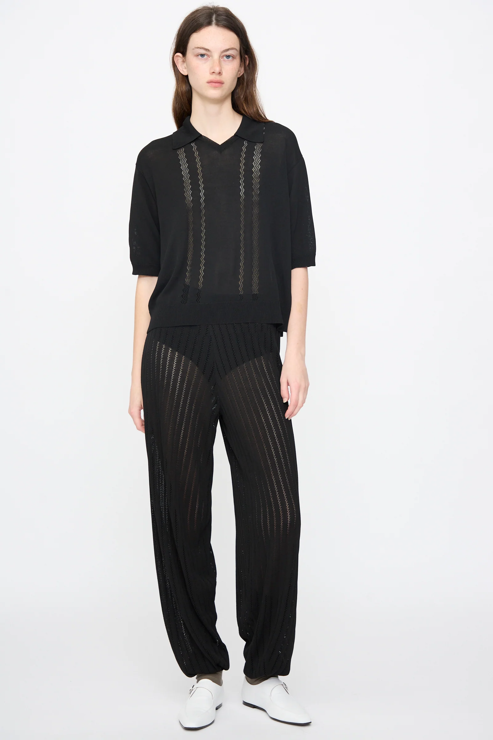Lace Knit Polo in Black - Image 5