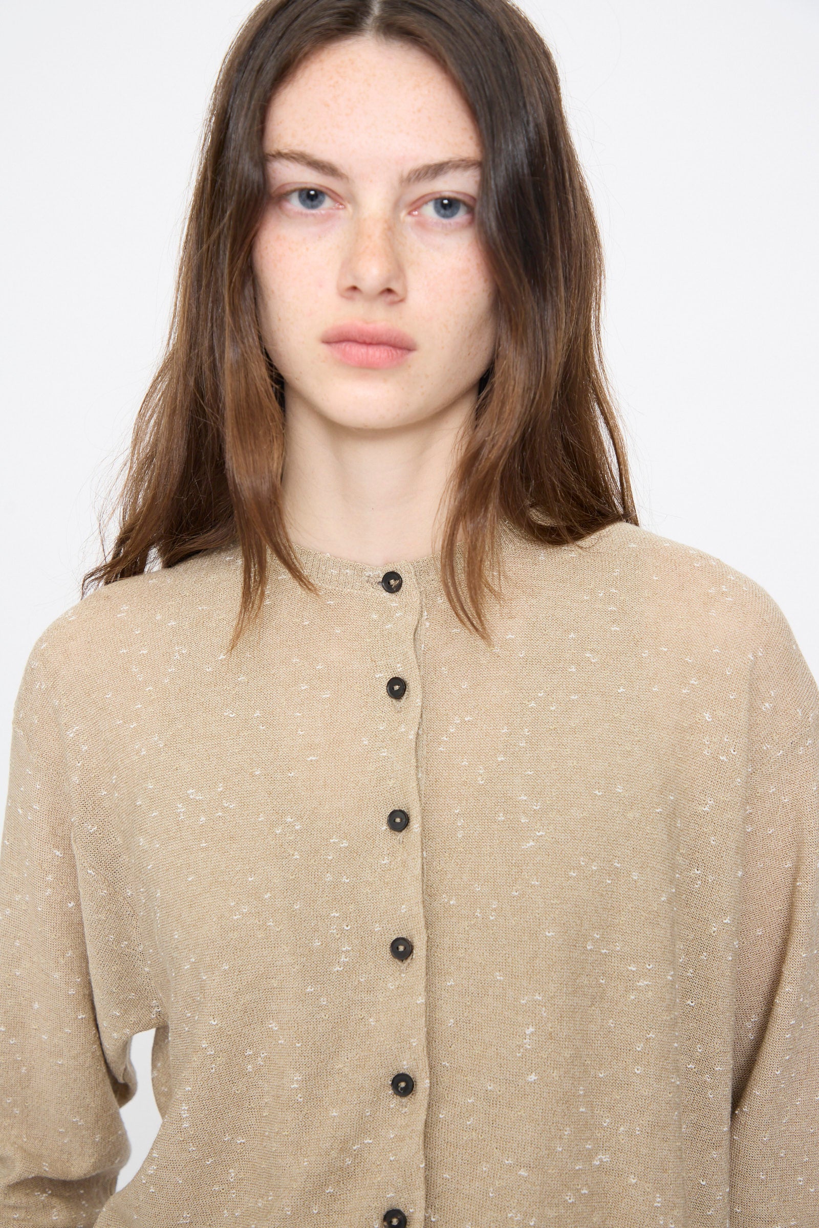 Linen and Cotton Flecked Cardigan in Taupe - Image 3
