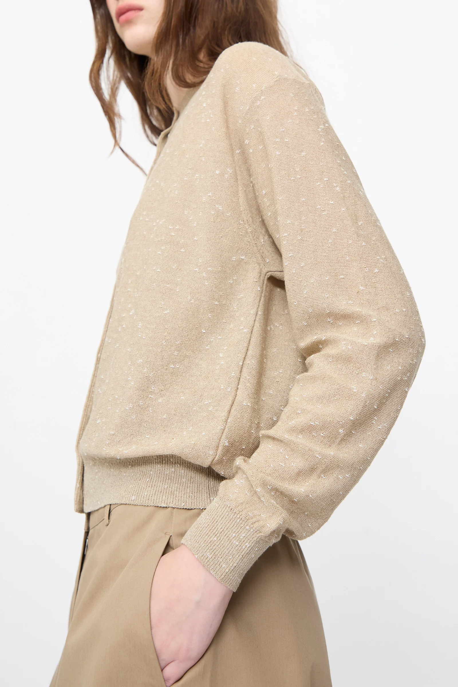 Linen and Cotton Flecked Cardigan in Taupe - Image 4