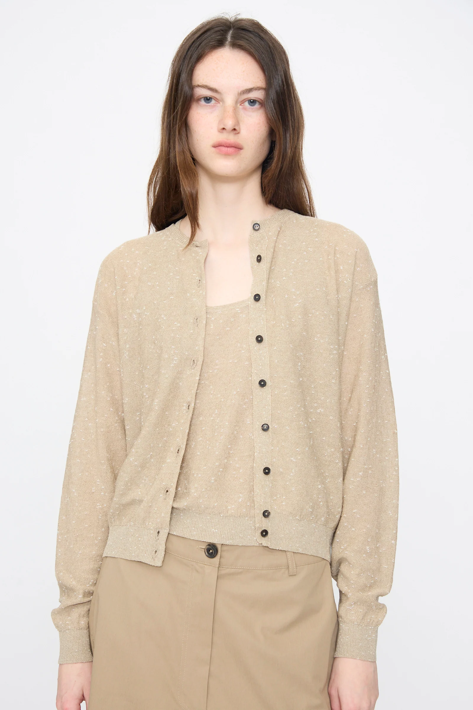 Linen and Cotton Flecked Cardigan in Taupe - Image 5
