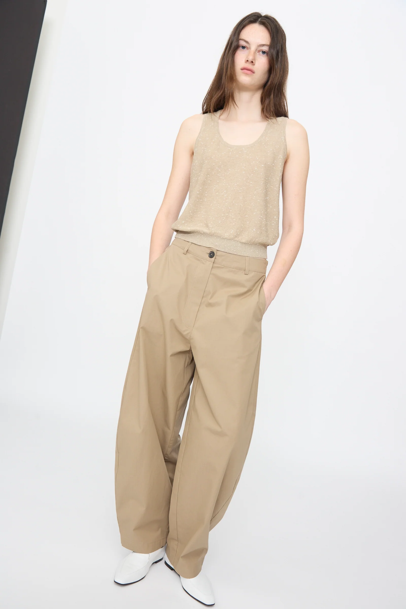 Linen and Cotton Flecked Tank Top in Beige - Image 5