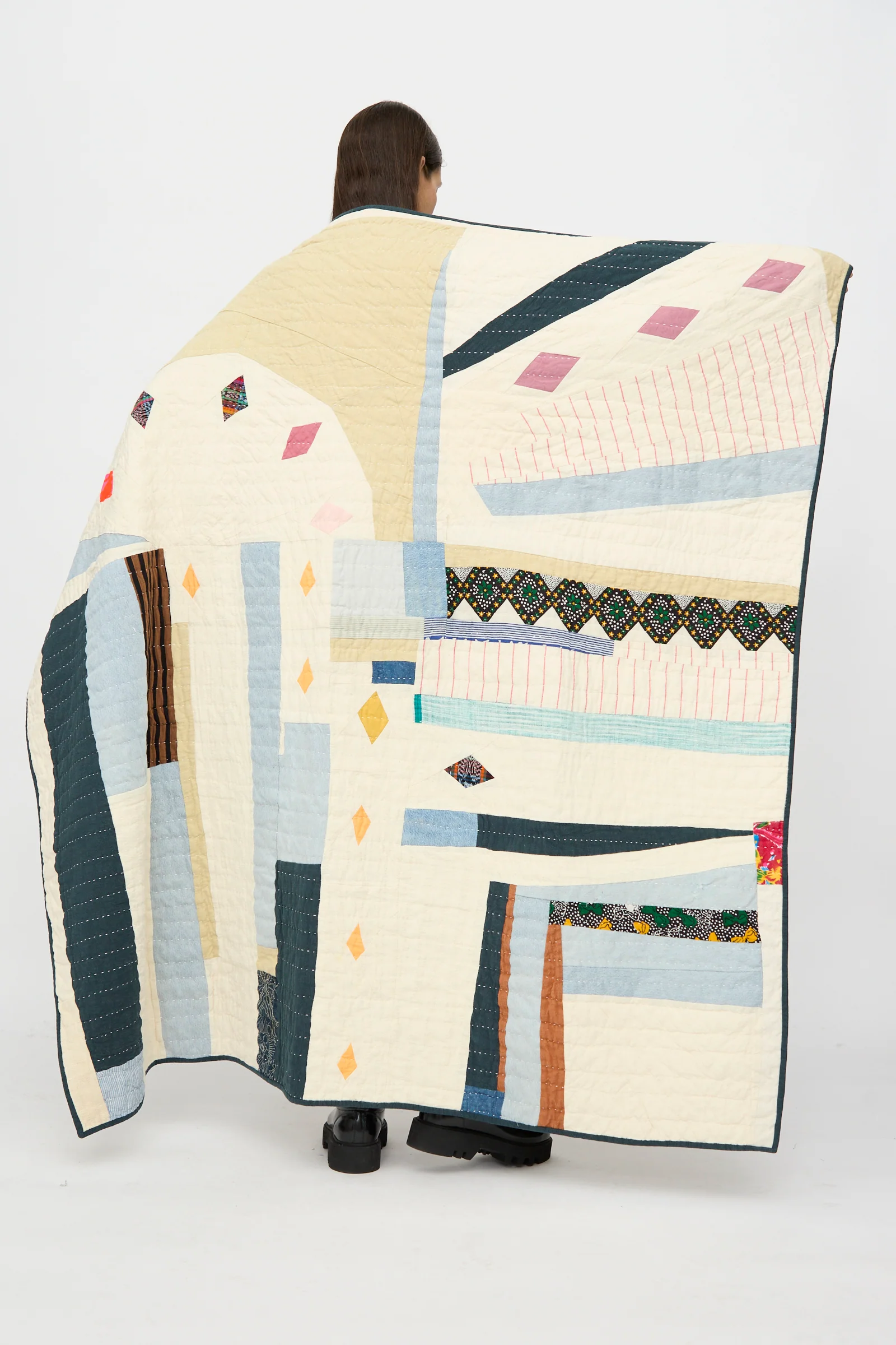 Large Patchwork Quilt in Cream Multi - Image 6