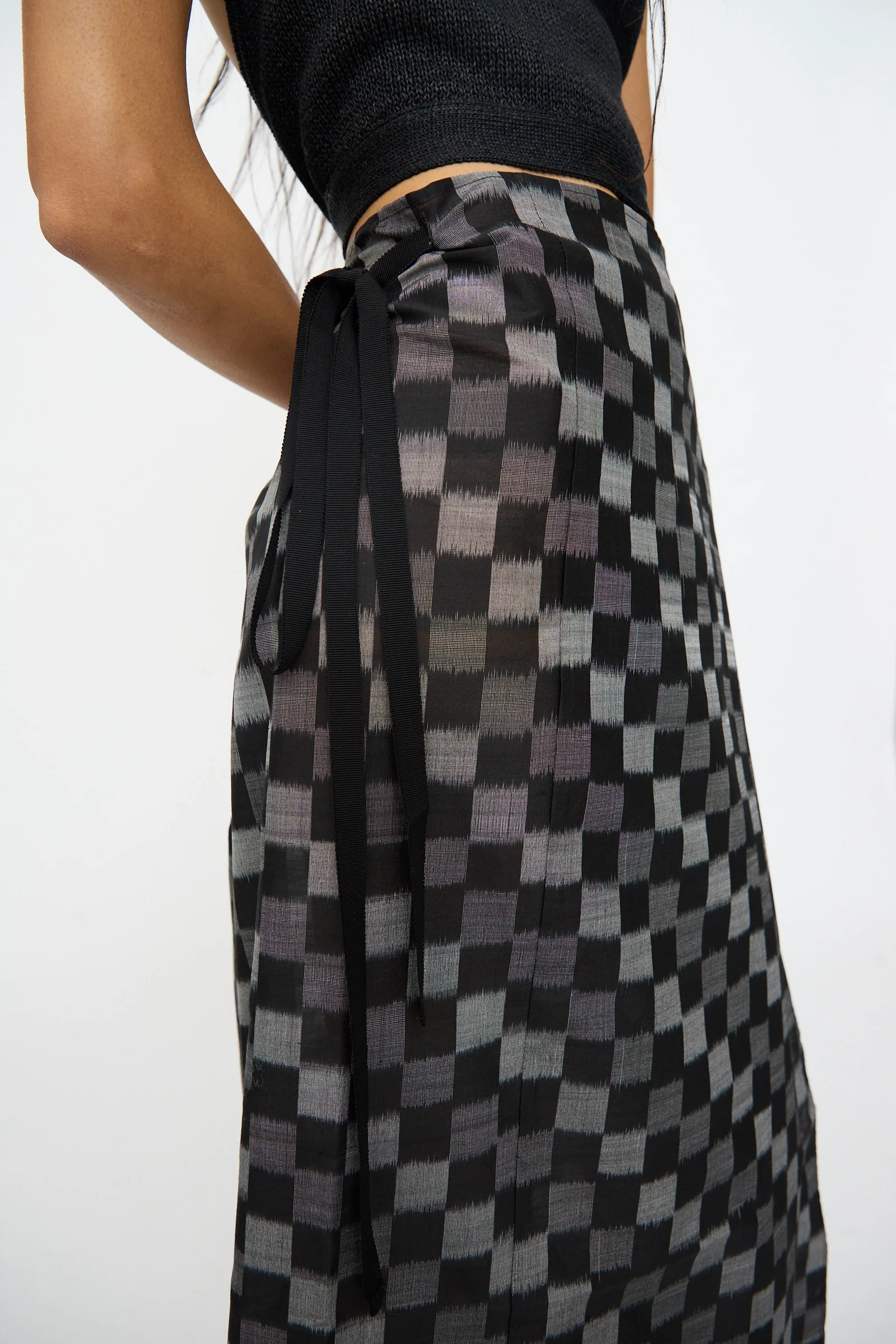 Cotton Silk Ikat Pareo Skirt in Black Grey Checks - Image 3