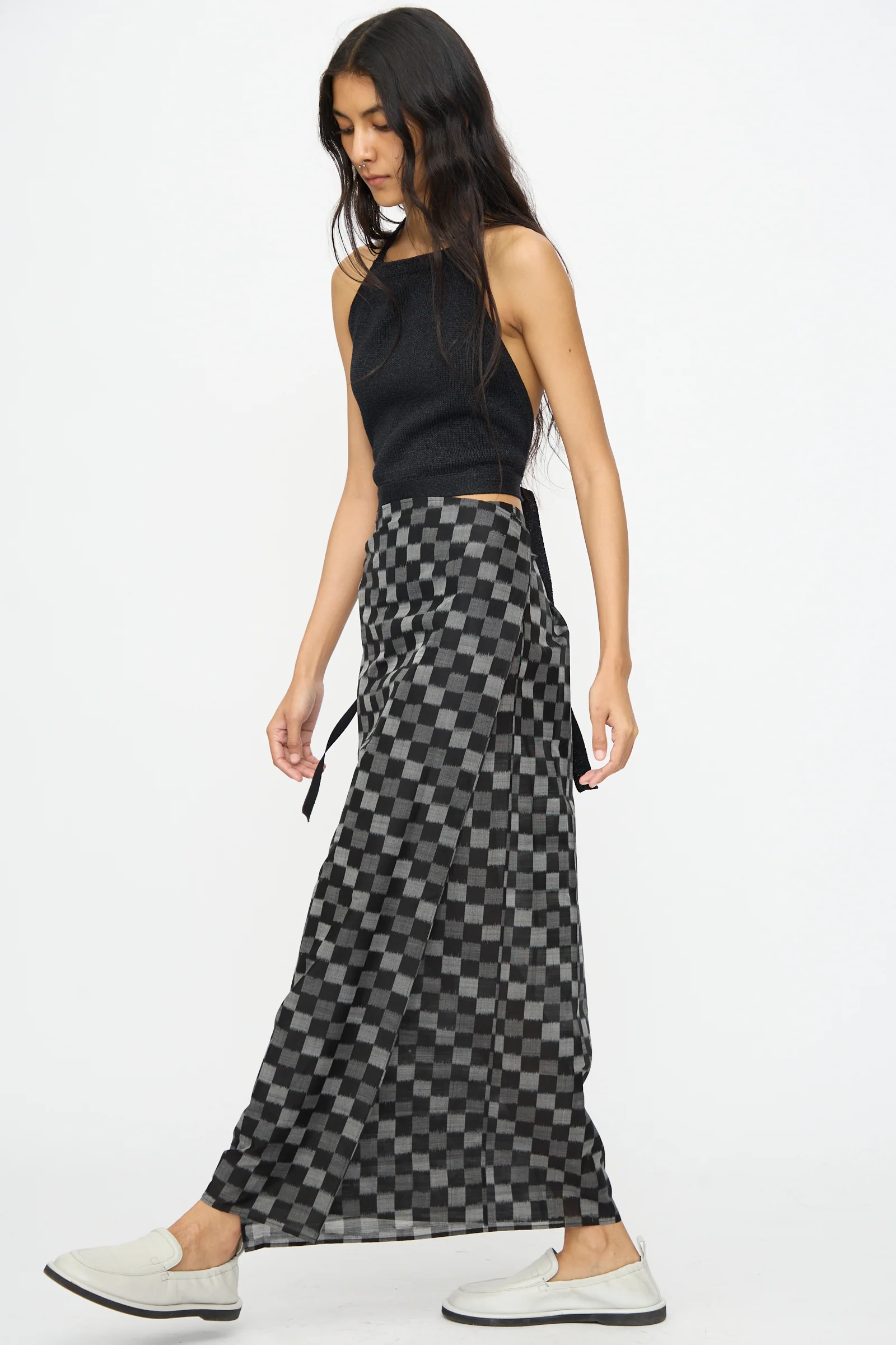 Cotton Silk Ikat Pareo Skirt in Black Grey Checks - Image 4