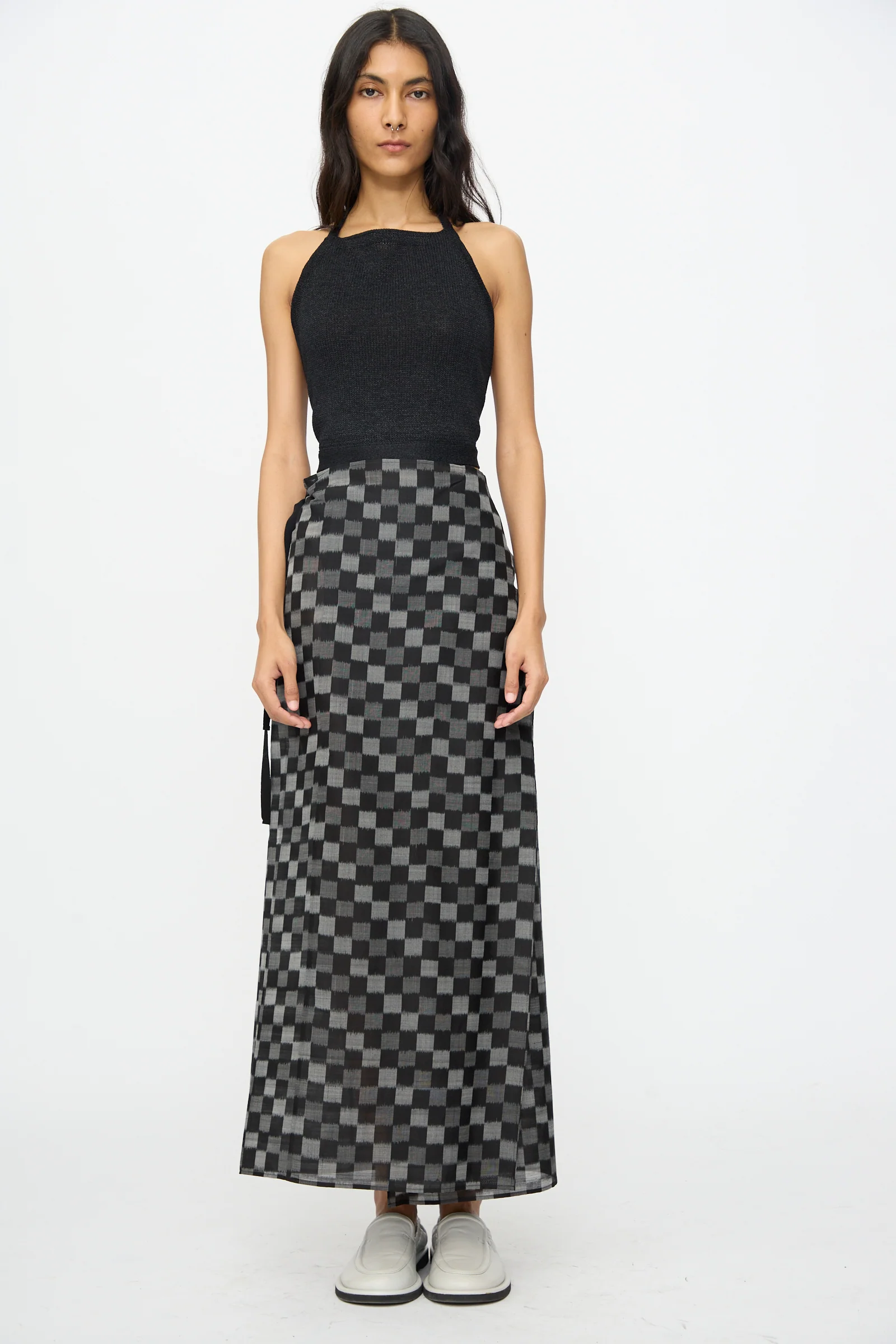 Cotton Silk Ikat Pareo Skirt in Black Grey Checks - Image 5
