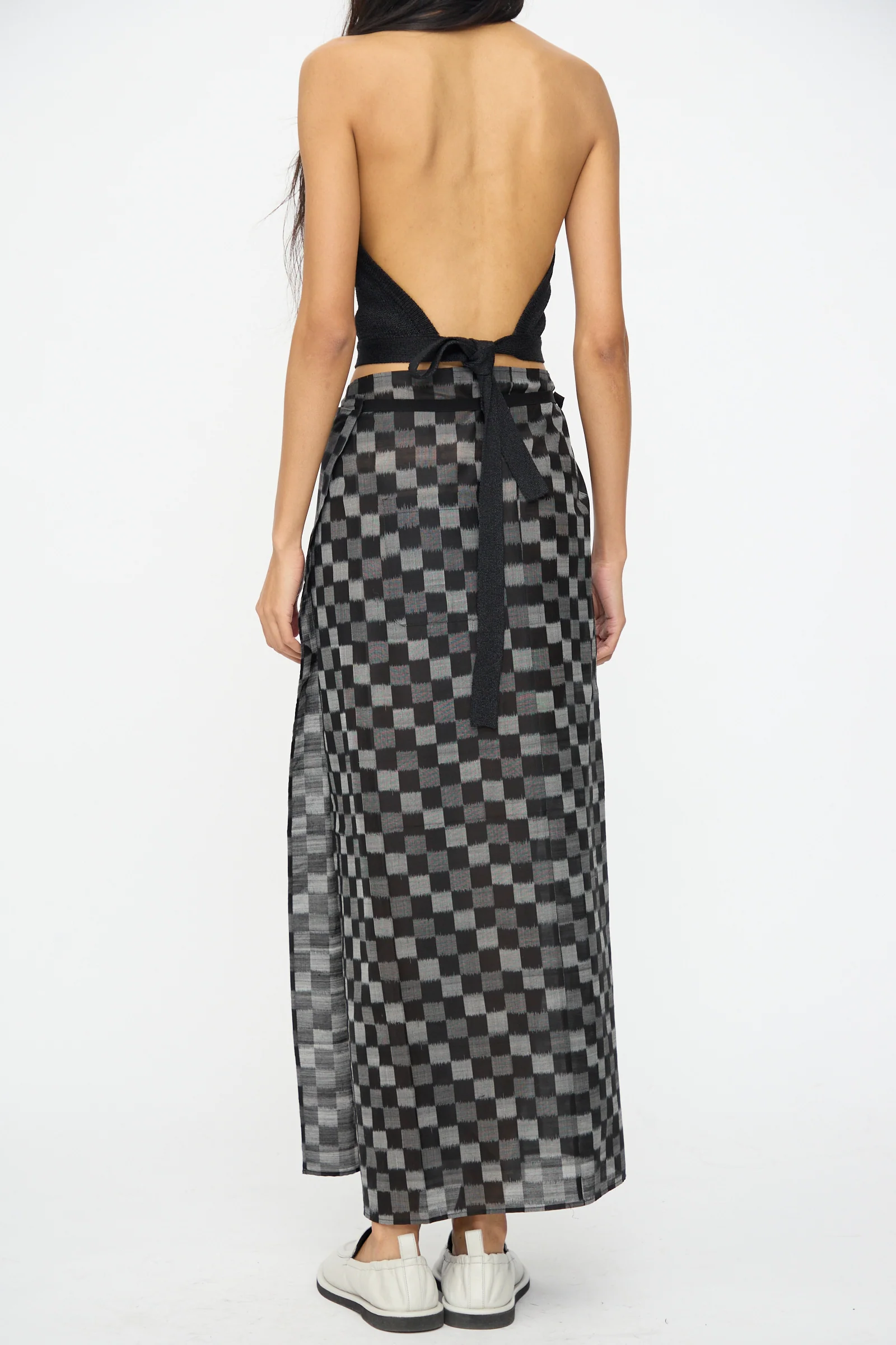 Cotton Silk Ikat Pareo Skirt in Black Grey Checks - Image 6