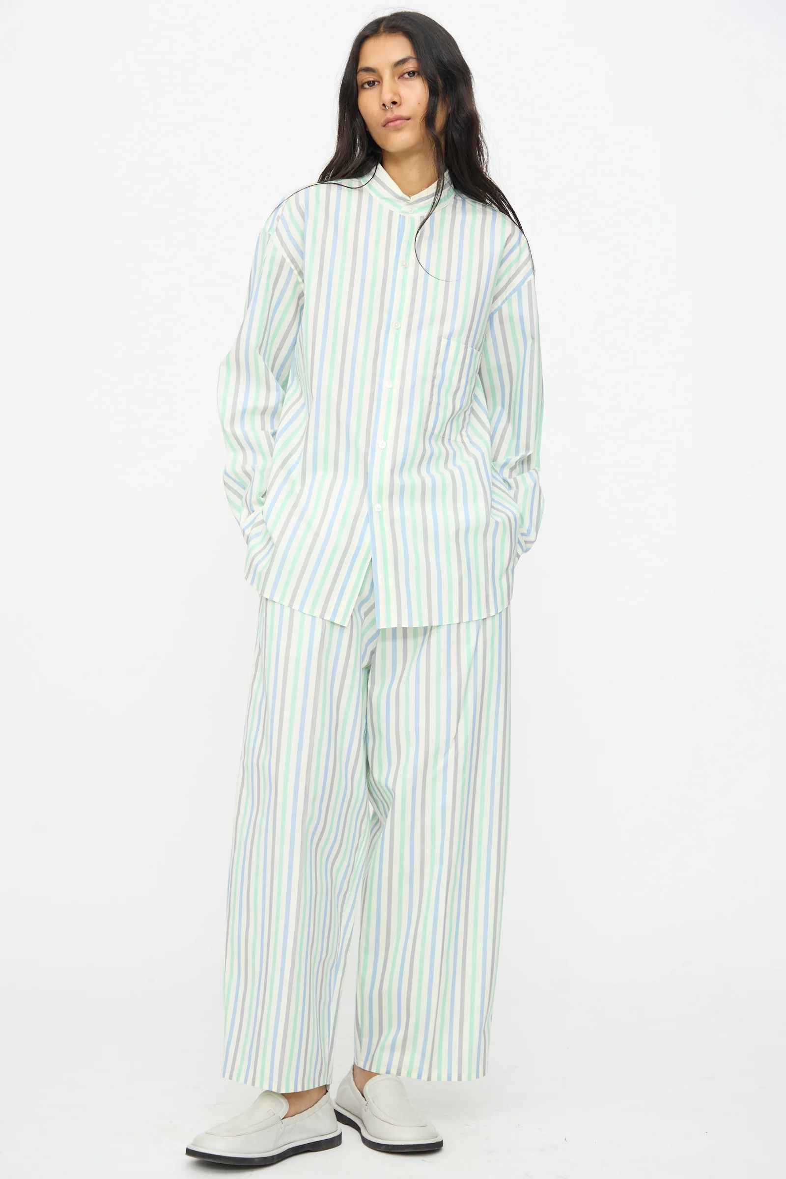 Handmade Fringed Mao Collar Shirt in Striped Pastel Green - Image 3
