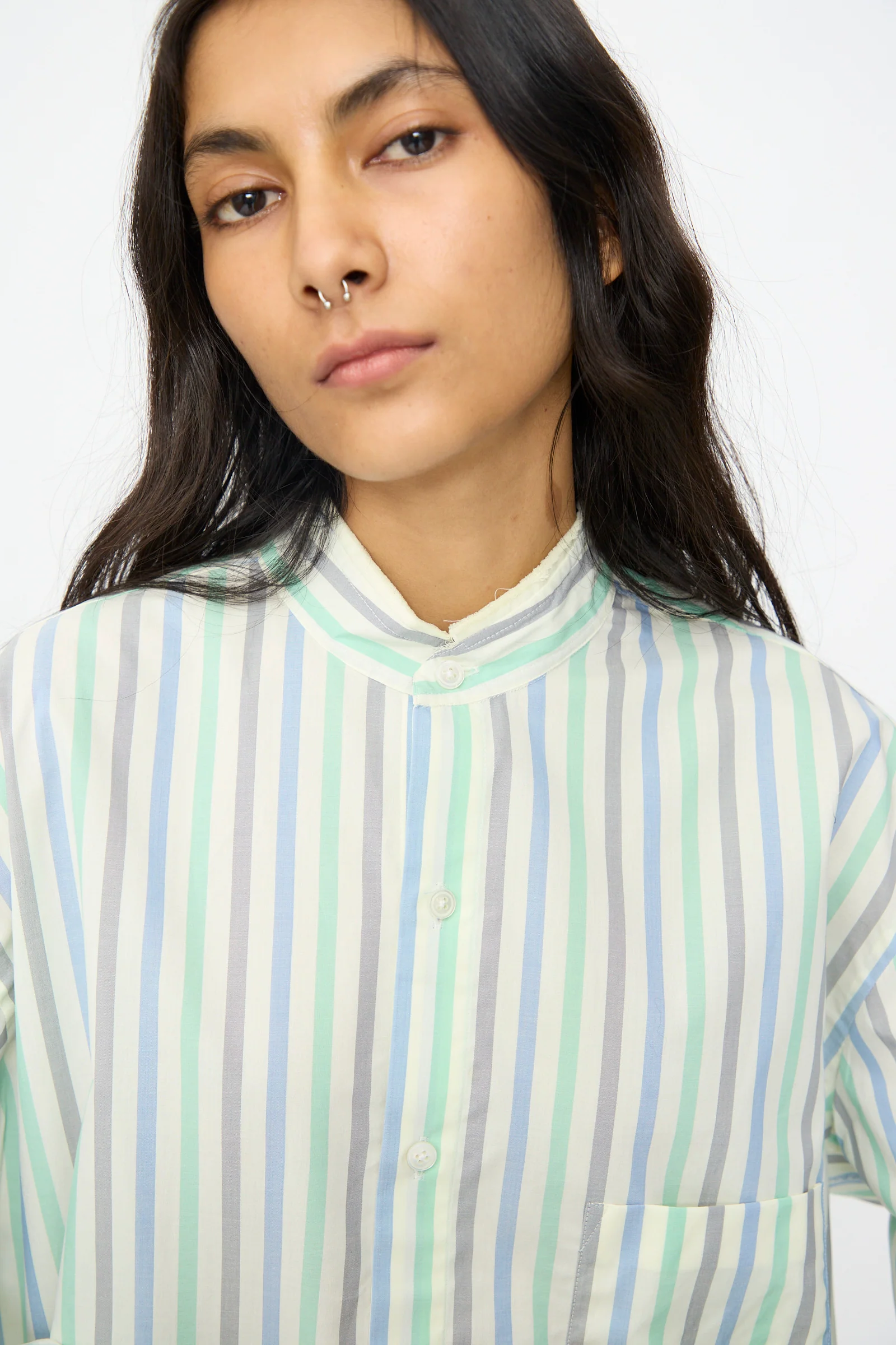 Handmade Fringed Mao Collar Shirt in Striped Pastel Green - Image 4